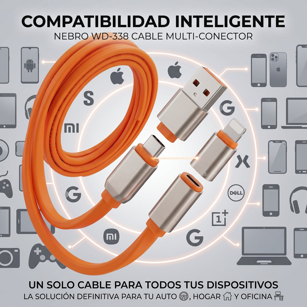 Cable 4 en 1 USB-A y Tipo-C a Tipo-C y Lightning Nebro WD-338 240W 1.2m