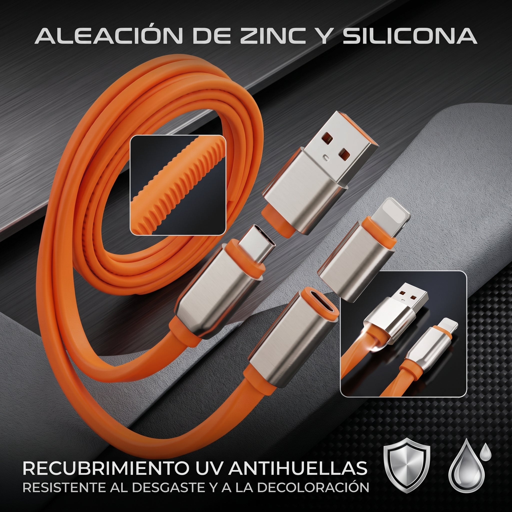 Cable 4 en 1 USB-A y Tipo-C a Tipo-C y Lightning Nebro WD-338 240W 1.2m