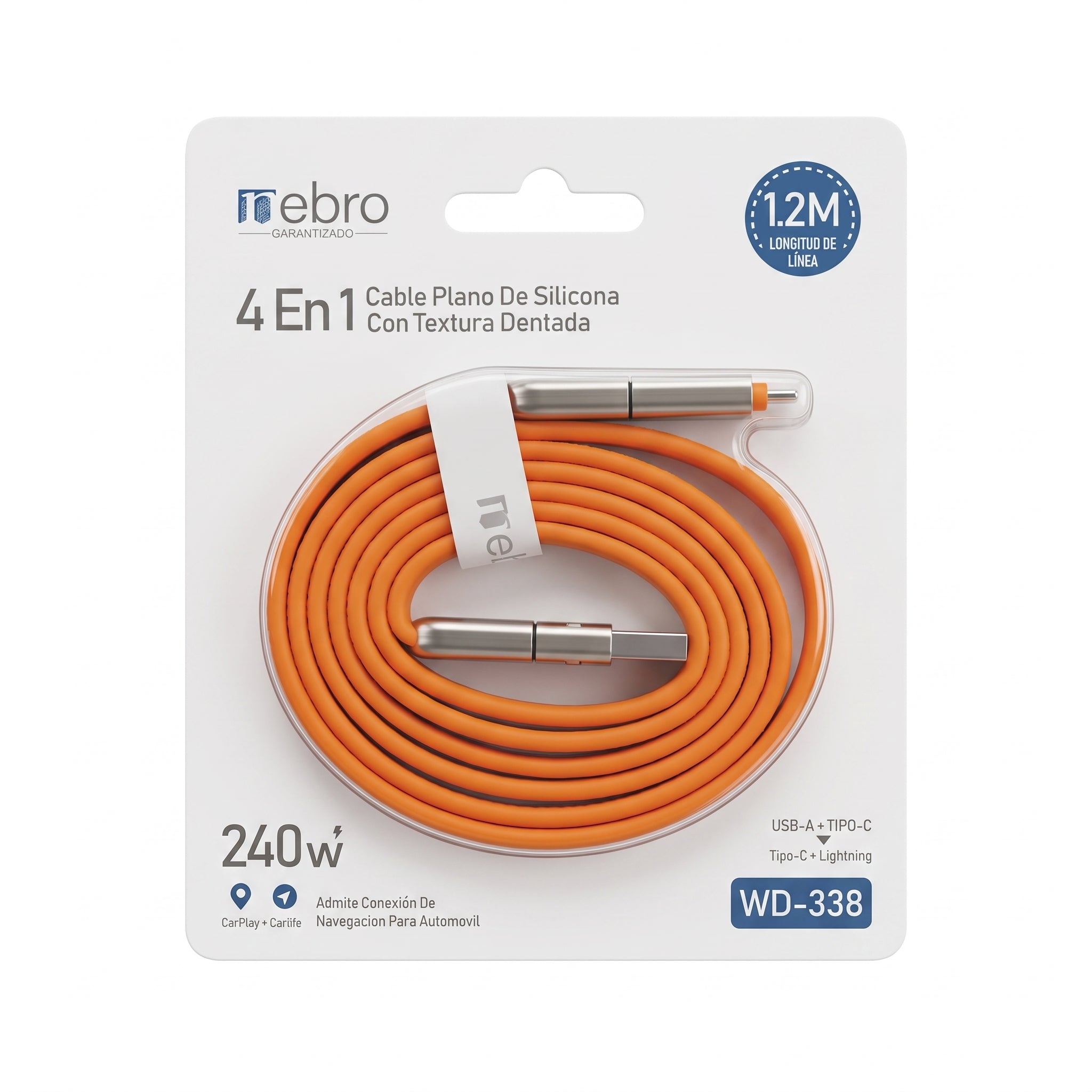 Cable 4 en 1 USB-A y Tipo-C a Tipo-C y Lightning Nebro WD-338 240W 1.2m