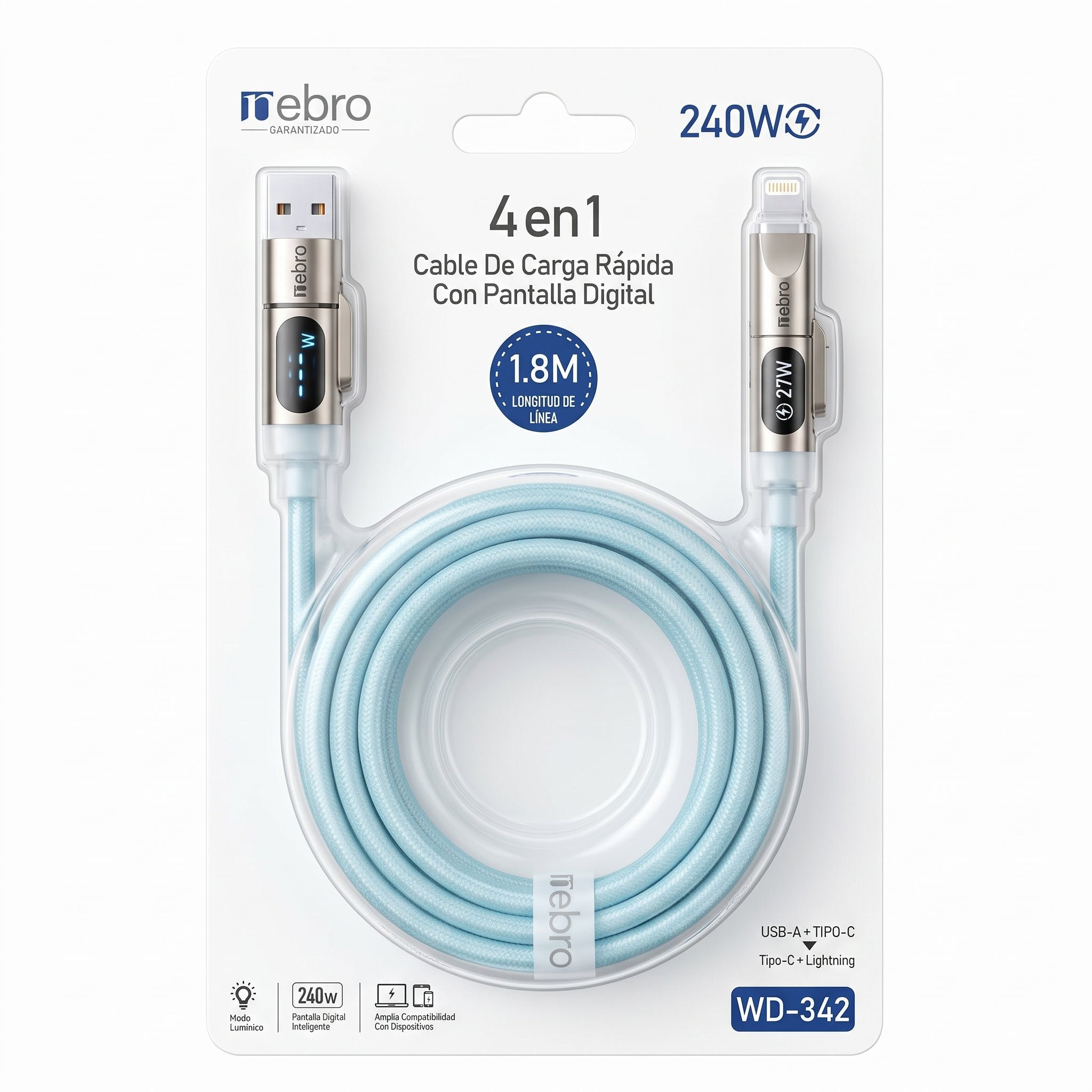 Cable 4 en 1 USB A y USB C a USB C y Lightning Nebro WD-342 Pantalla Inteligente 240W Carga Rapida
