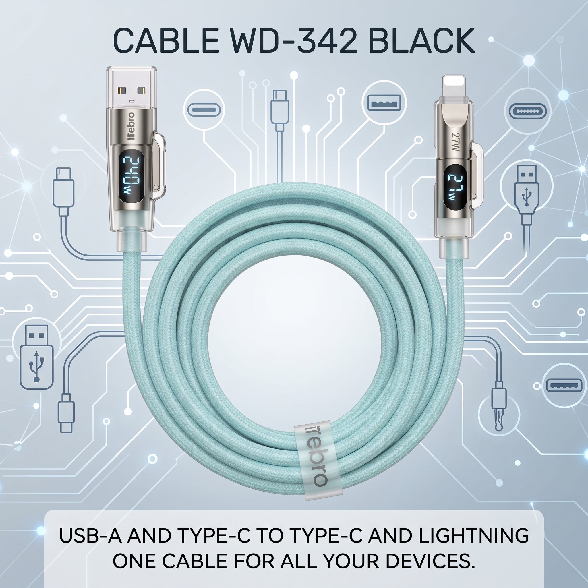 Cable 4 en 1 USB A y USB C a USB C y Lightning Nebro WD-342 Pantalla Inteligente 240W Carga Rapida