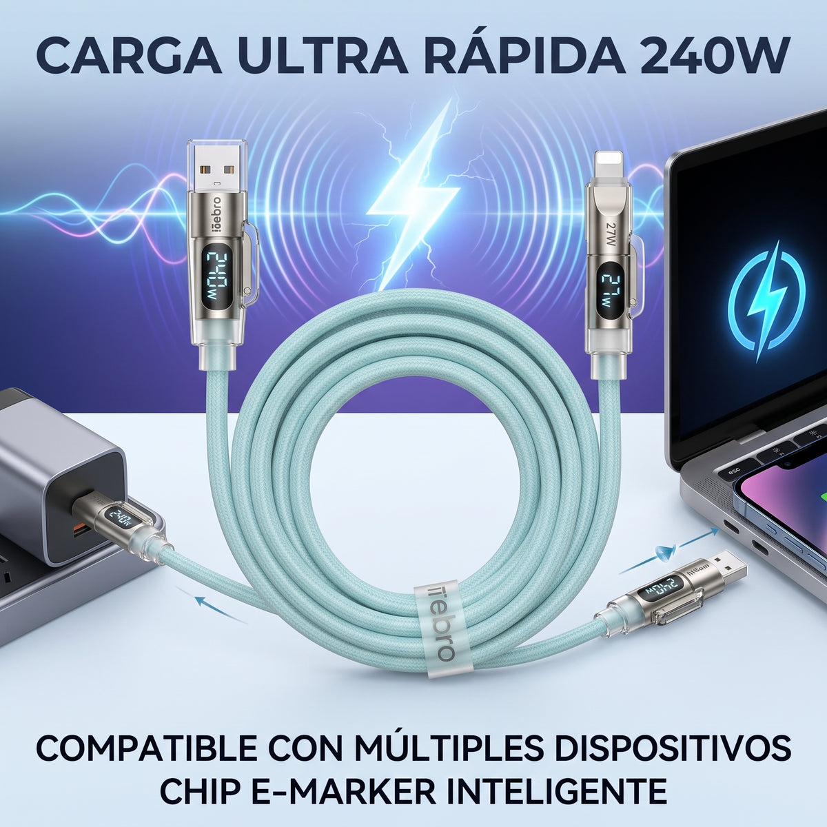 Cable 4 en 1 USB A y USB C a USB C y Lightning Nebro WD-342 Pantalla Inteligente 240W Carga Rapida