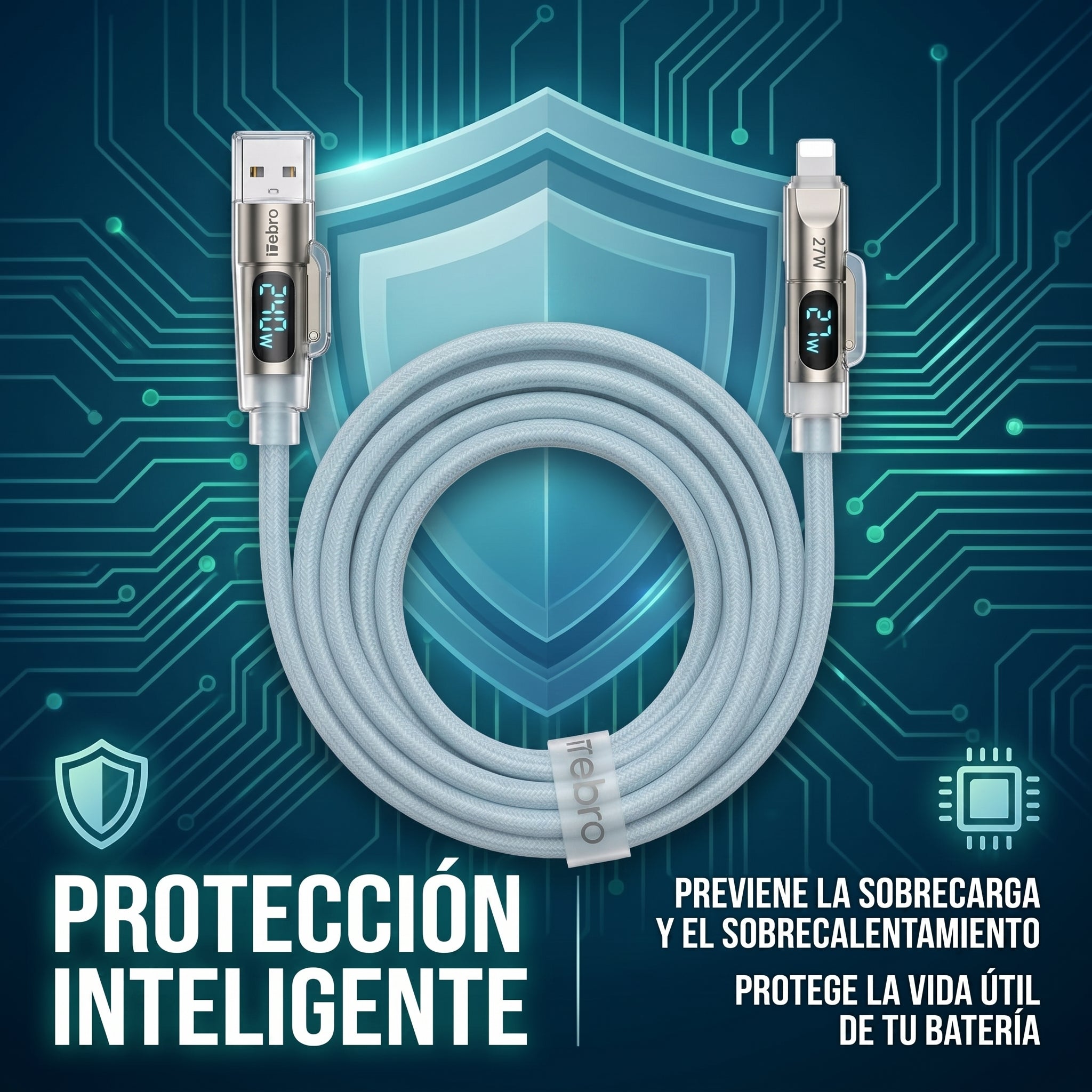 Cable 4 en 1 USB A y USB C a USB C y Lightning Nebro WD-342 Pantalla Inteligente 240W Carga Rapida