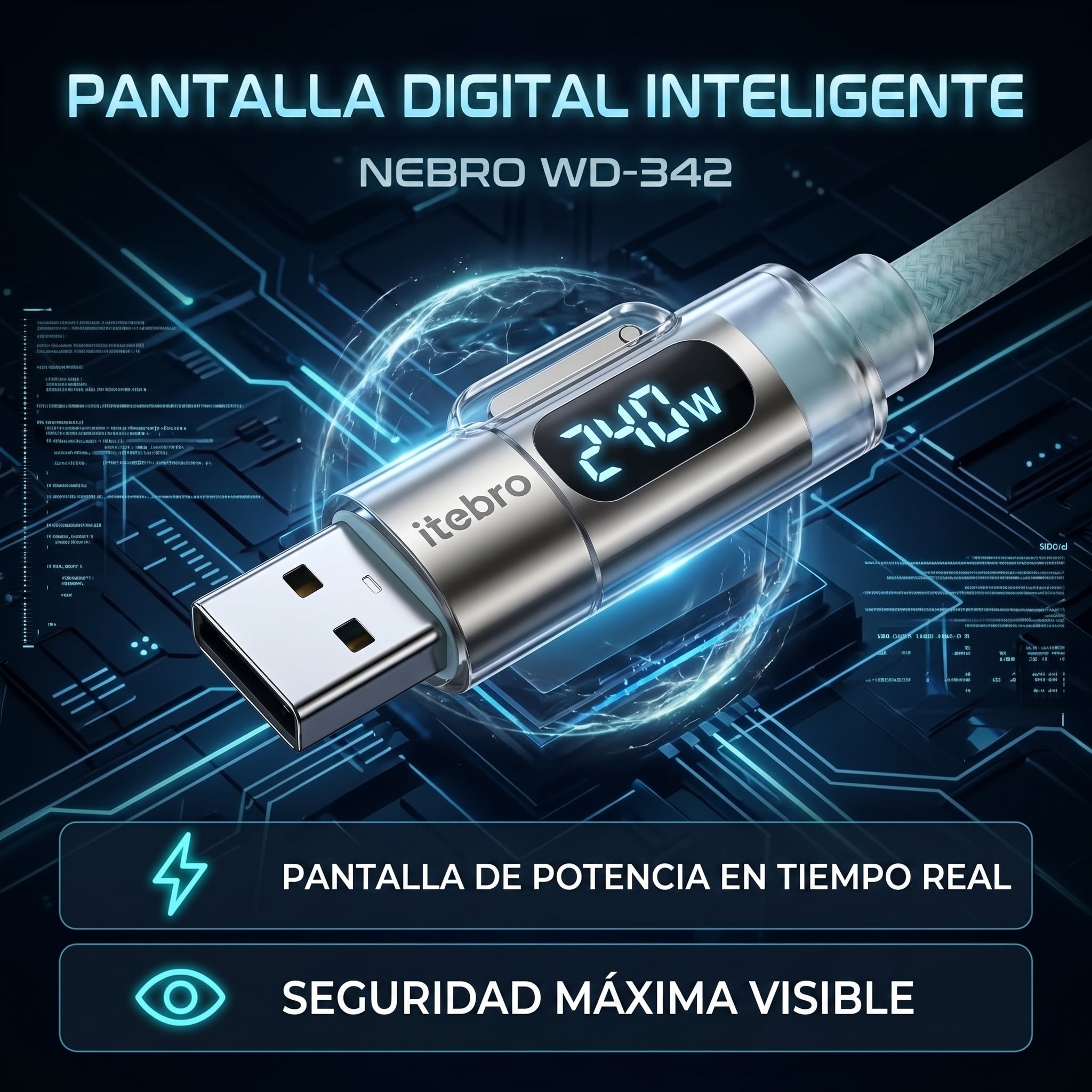 Cable 4 en 1 USB A y USB C a USB C y Lightning Nebro WD-342 Pantalla Inteligente 240W Carga Rapida