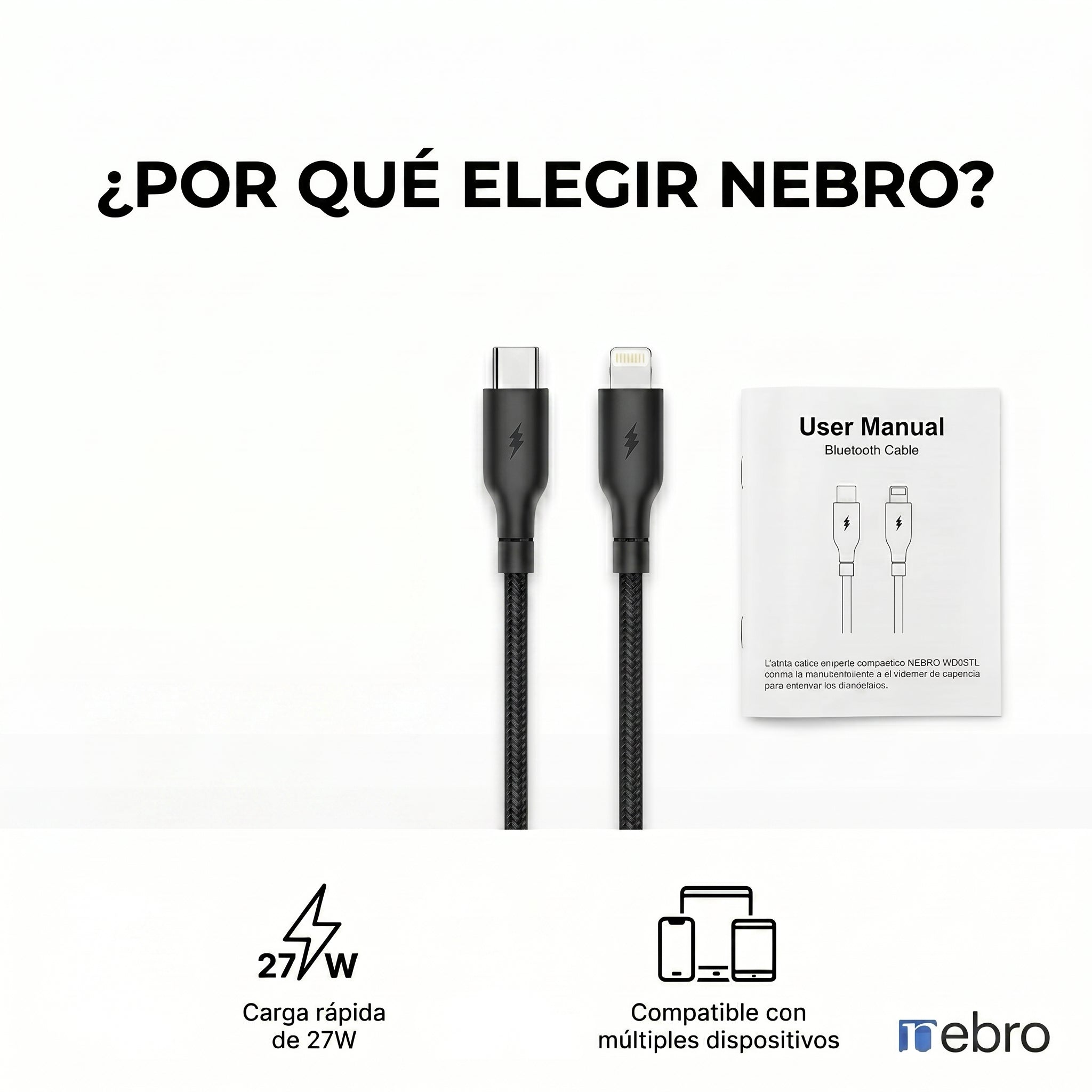 Cable Lightning Solar NEBRO WD05TL 27W iPhone iPad Carga Rápida y Solar