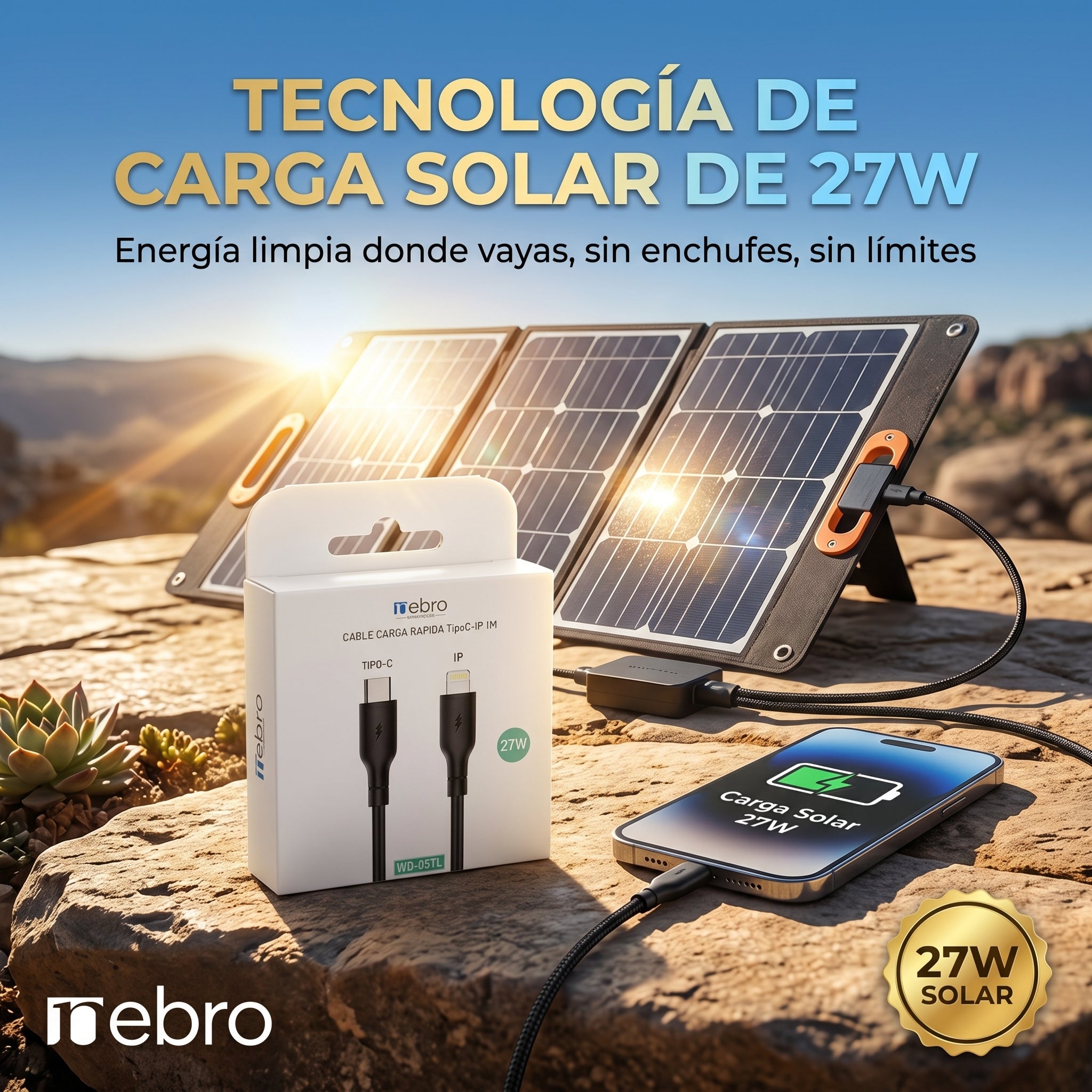 Cable Lightning Solar NEBRO WD05TL 27W iPhone iPad Carga Rápida y Solar