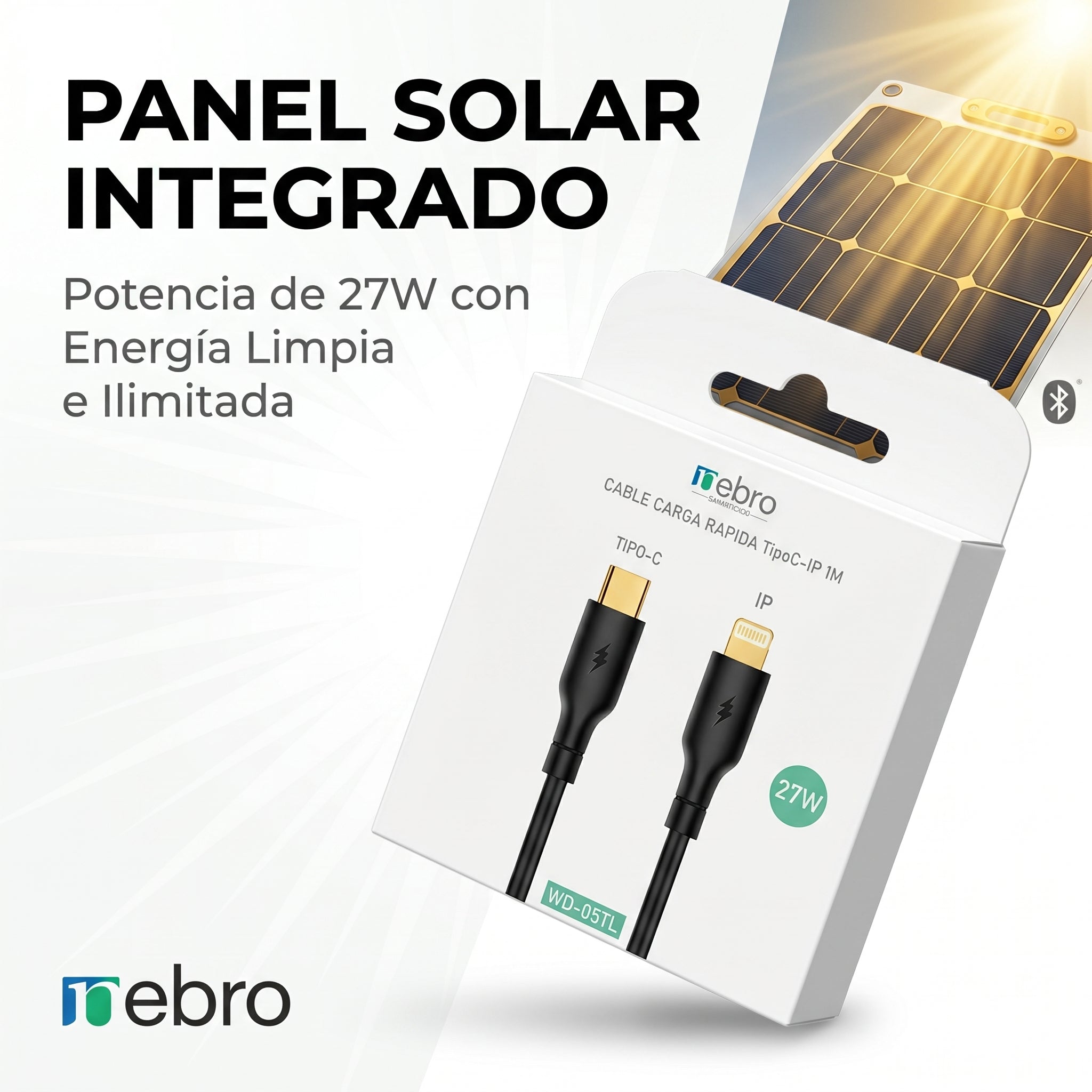 Cable Lightning Solar NEBRO WD05TL 27W iPhone iPad Carga Rápida y Solar