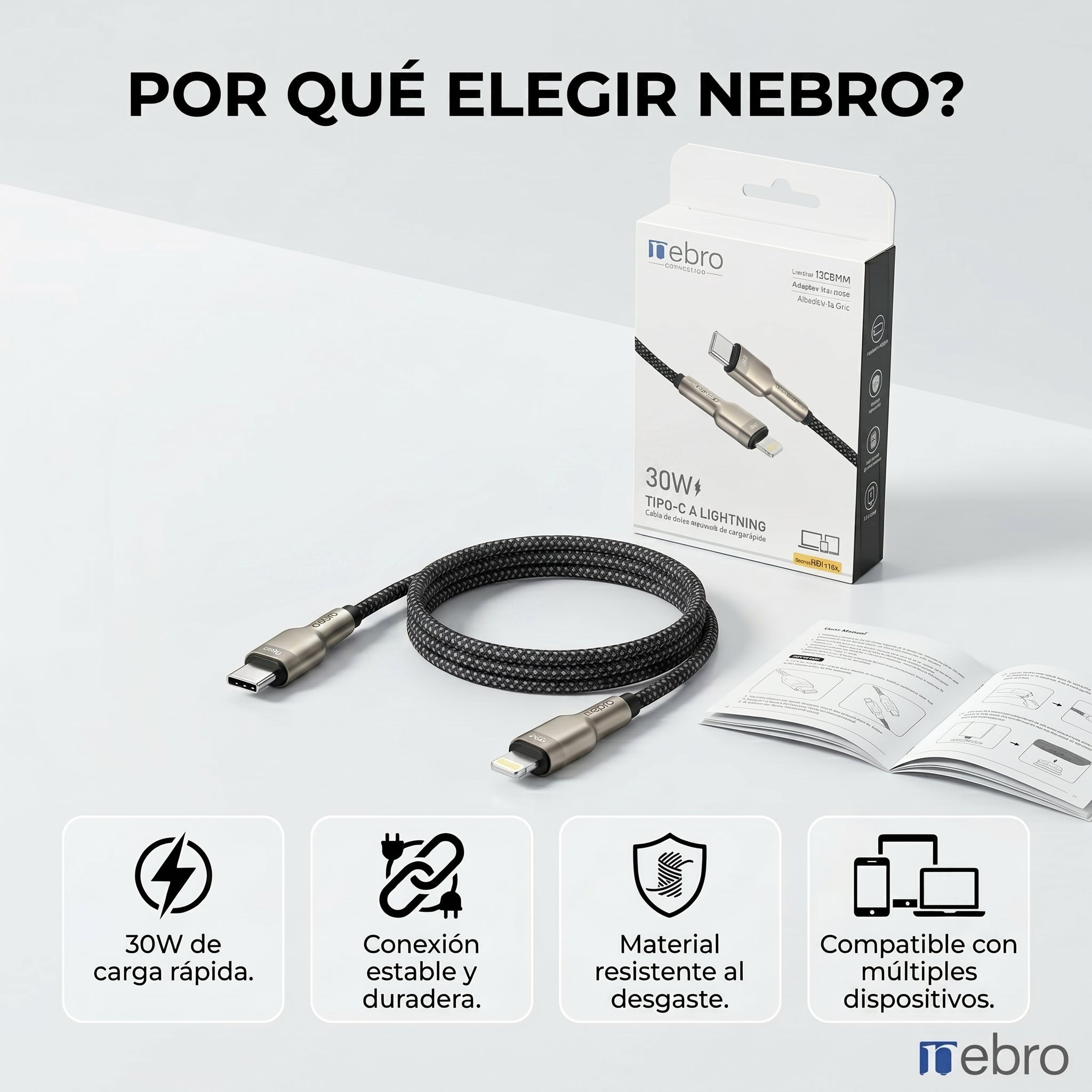 Cable Lightning a USB-C NEBRO WD114L 30W Carga Rápida PD Power Delivery