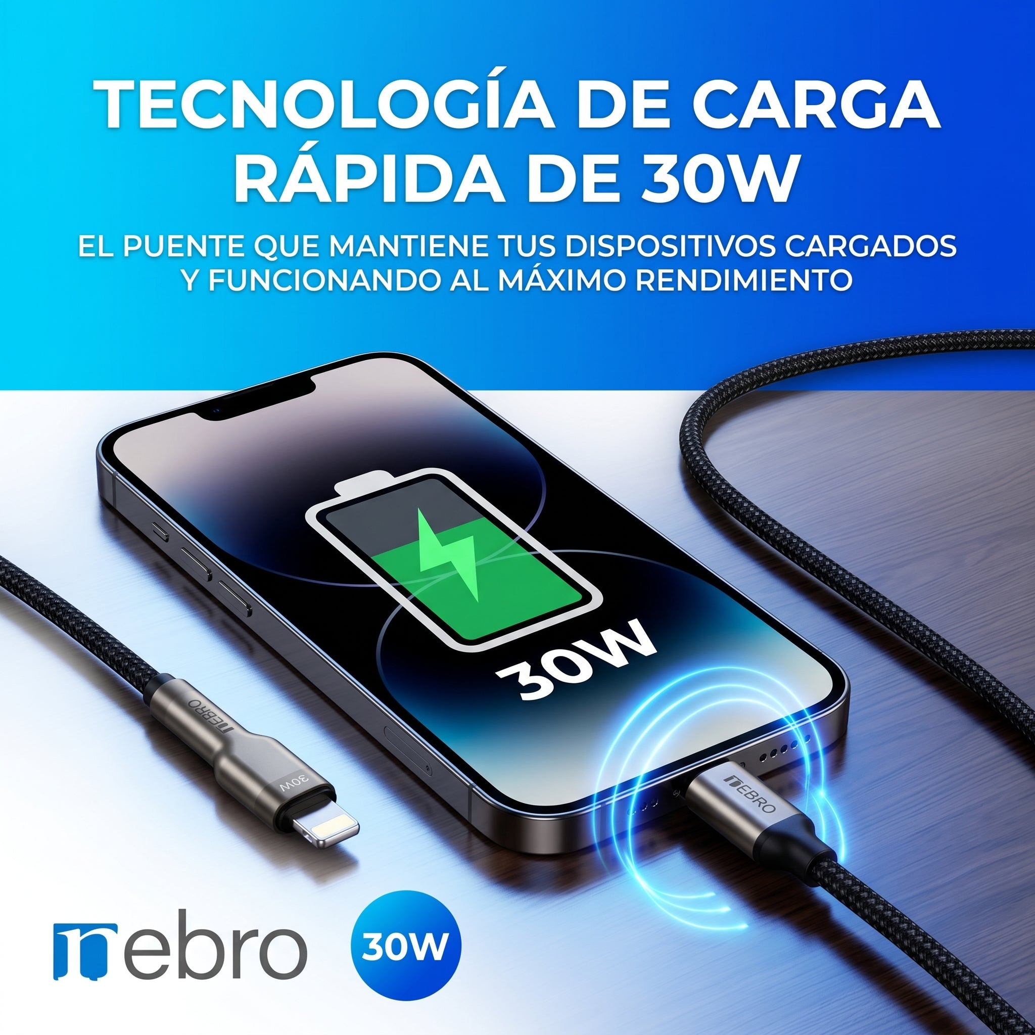 Cable Lightning a USB-C NEBRO WD114L 30W Carga Rápida PD Power Delivery