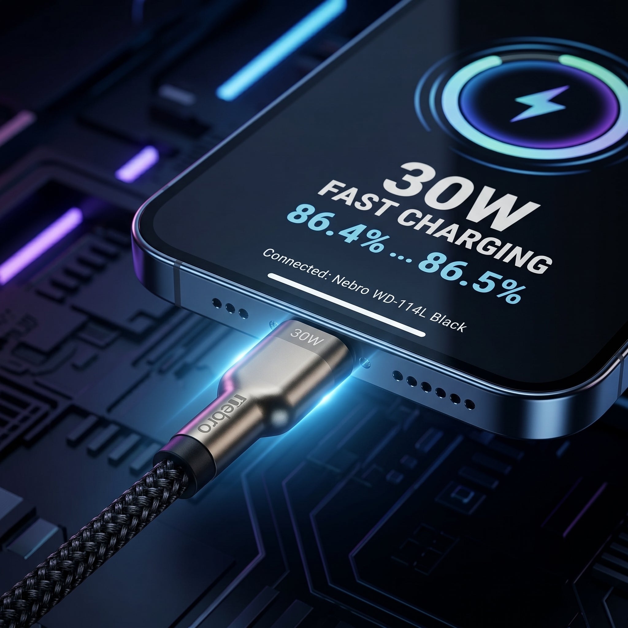 Cable Lightning a USB-C NEBRO WD114L 30W Carga Rápida PD Power Delivery