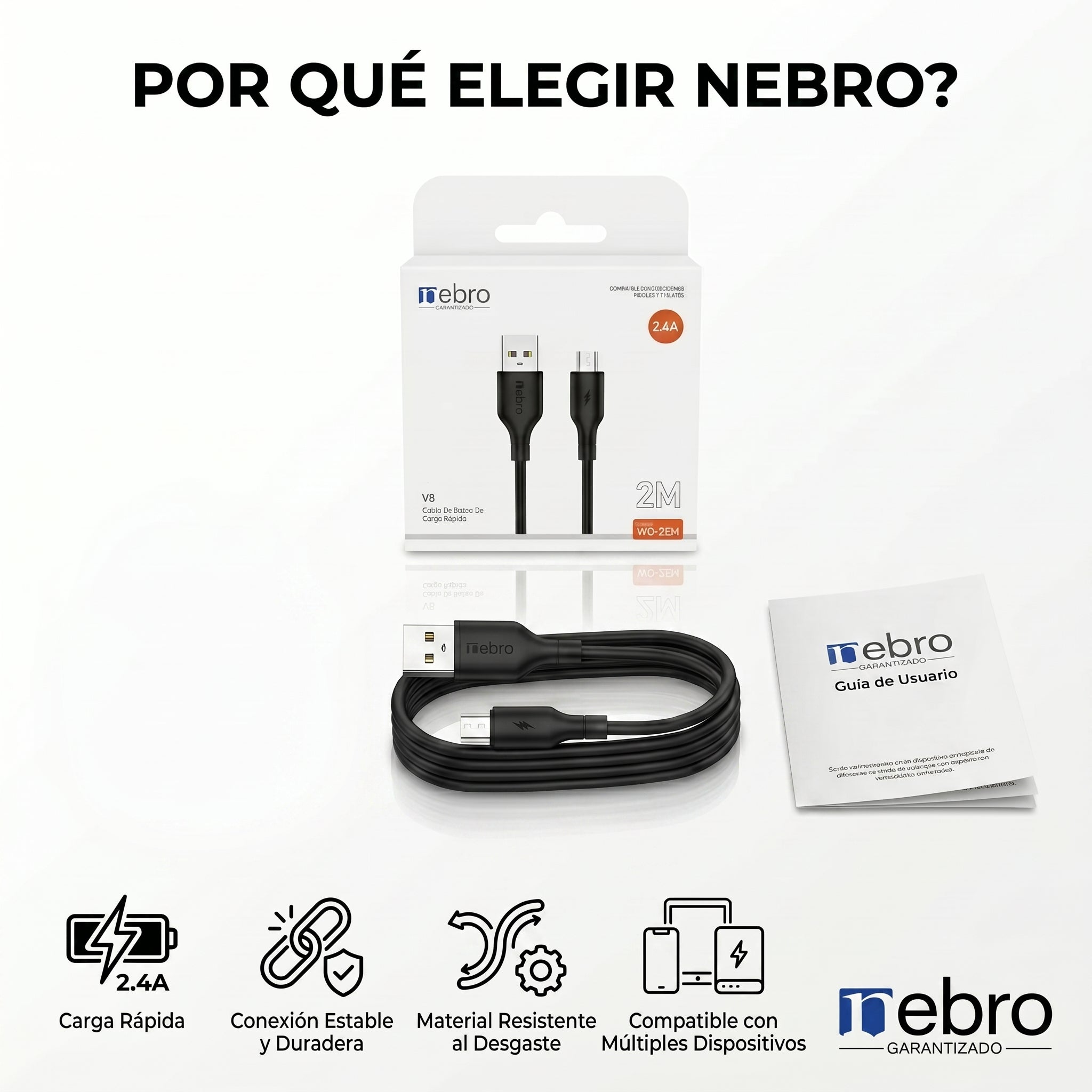 Cable Micro USB NEBRO WD25M 2.4A 2 Metros Carga Rápida