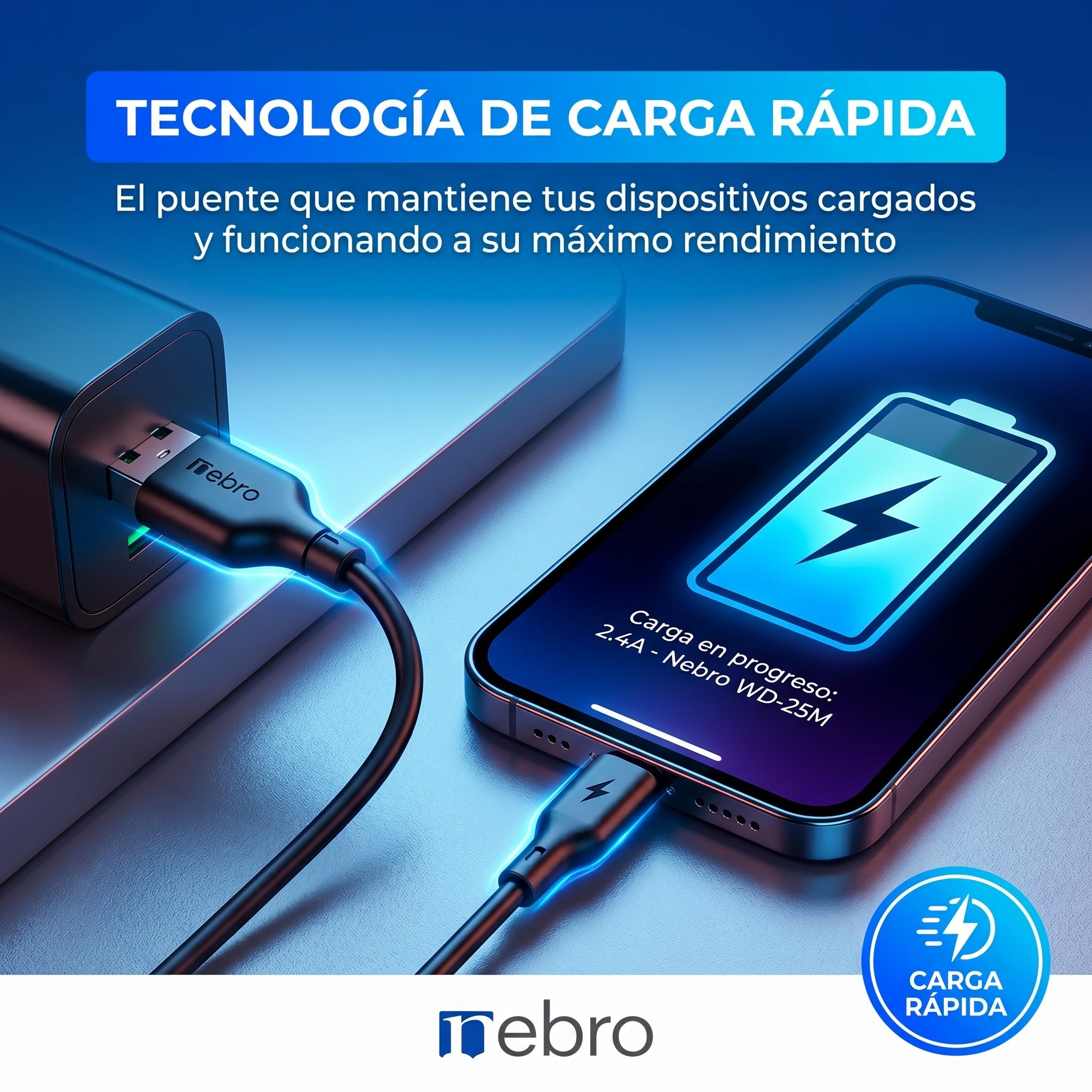 Cable Micro USB NEBRO WD25M 2.4A 2 Metros Carga Rápida