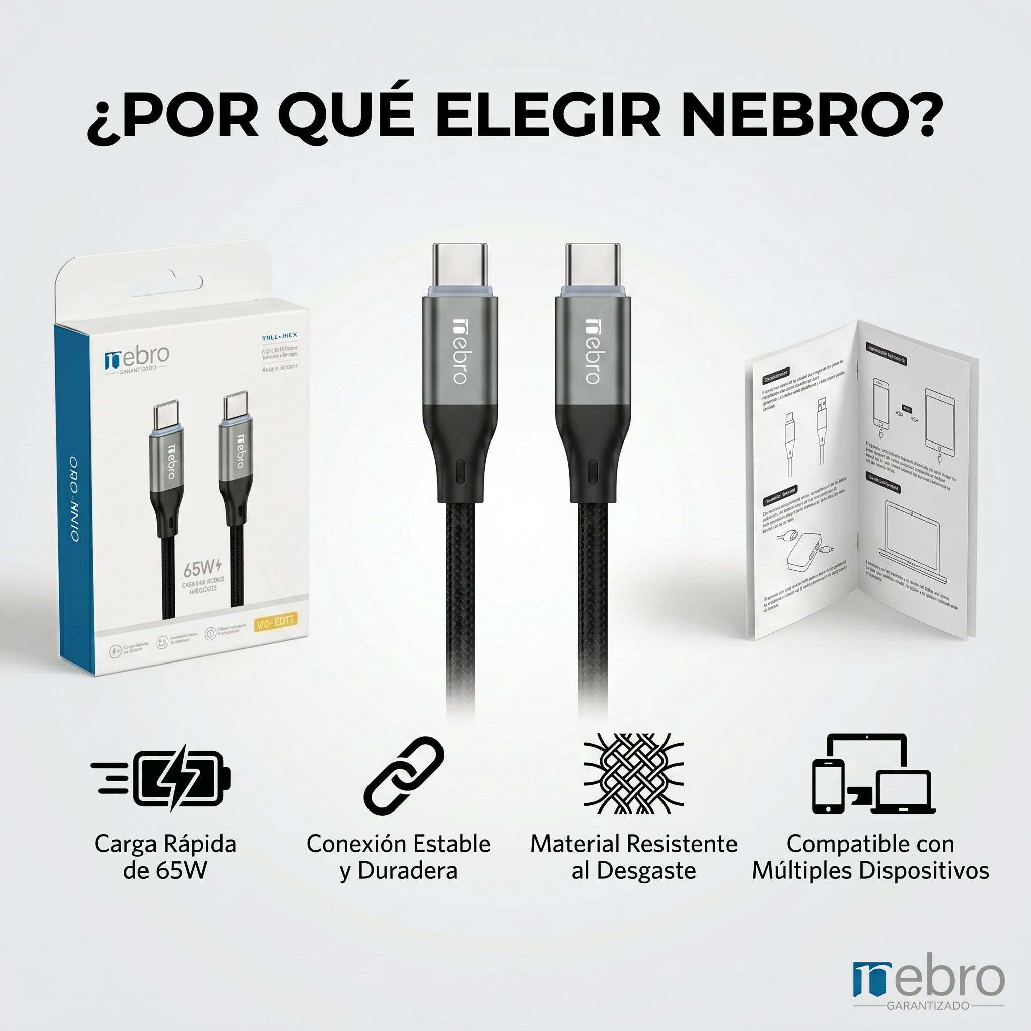 Cable Tipo C NEBRO WD301TT 65W Carga Rápida y Sincronización de Datos