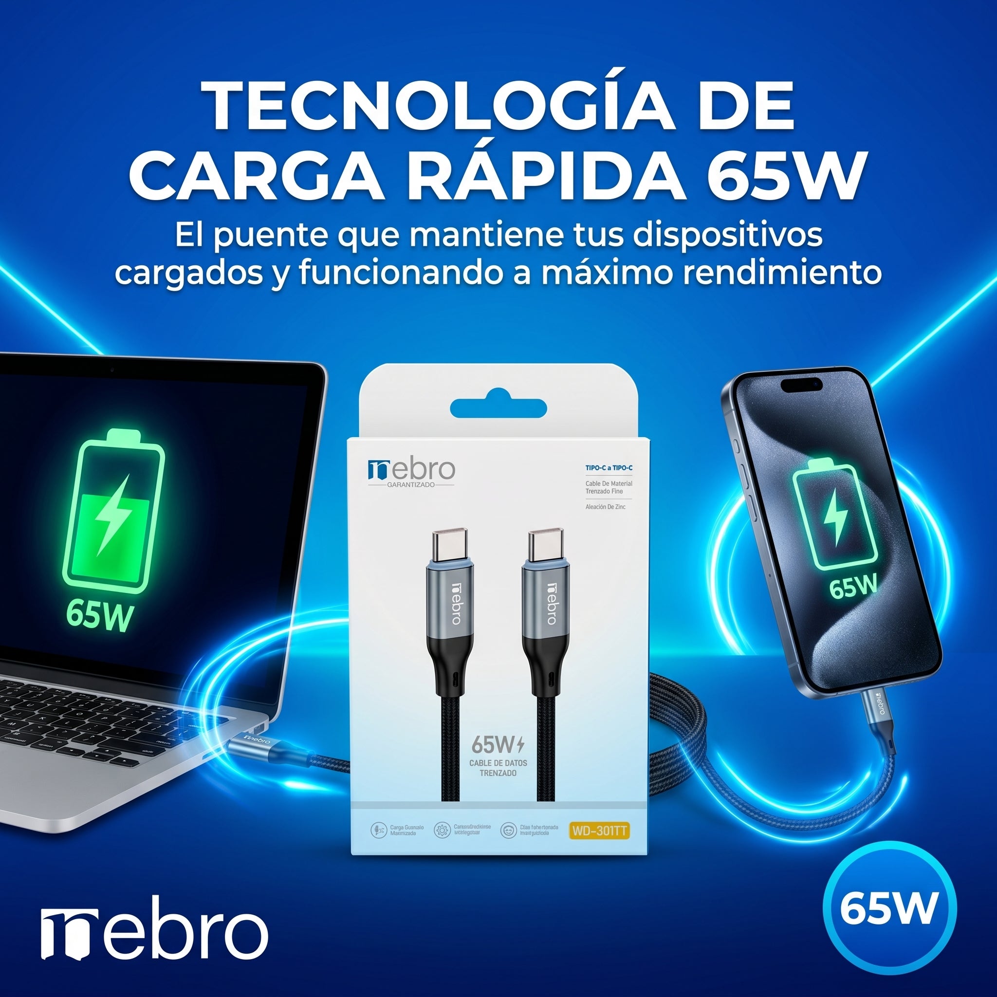 Cable Tipo C NEBRO WD301TT 65W Carga Rápida y Sincronización de Datos