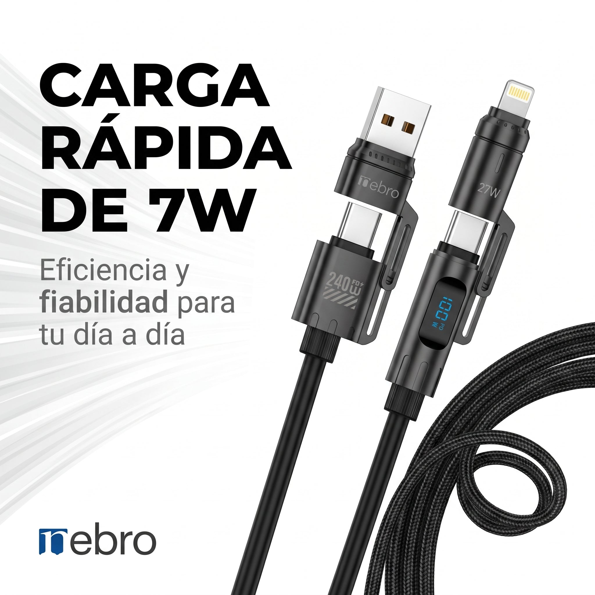 Cable 4 en 1 Trenzado NEBRO WD312 7W Carga Alta Resistencia