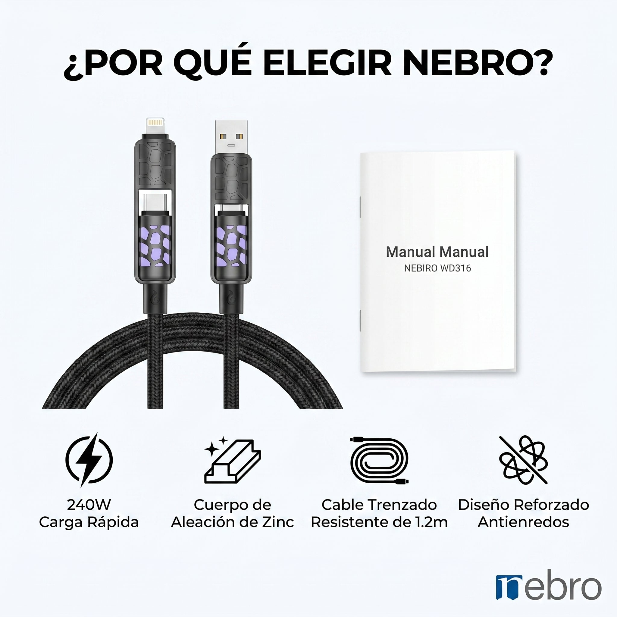 Cable 4 en 1 NEBRO WD316 240W 1.2 Metros Aleación Zinc