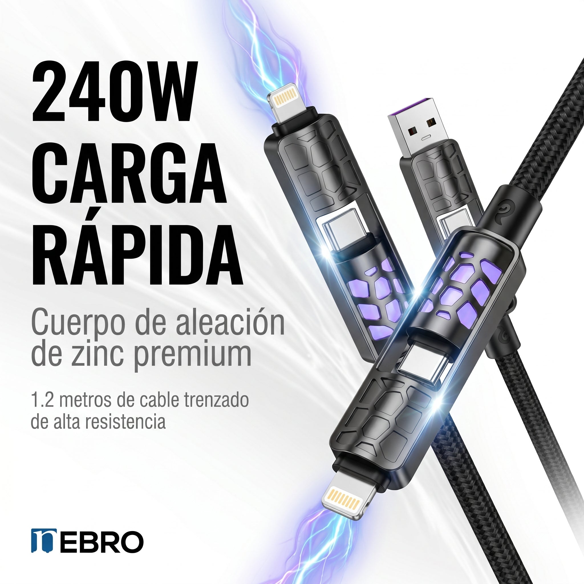 Cable 4 en 1 NEBRO WD316 240W 1.2 Metros Aleación Zinc