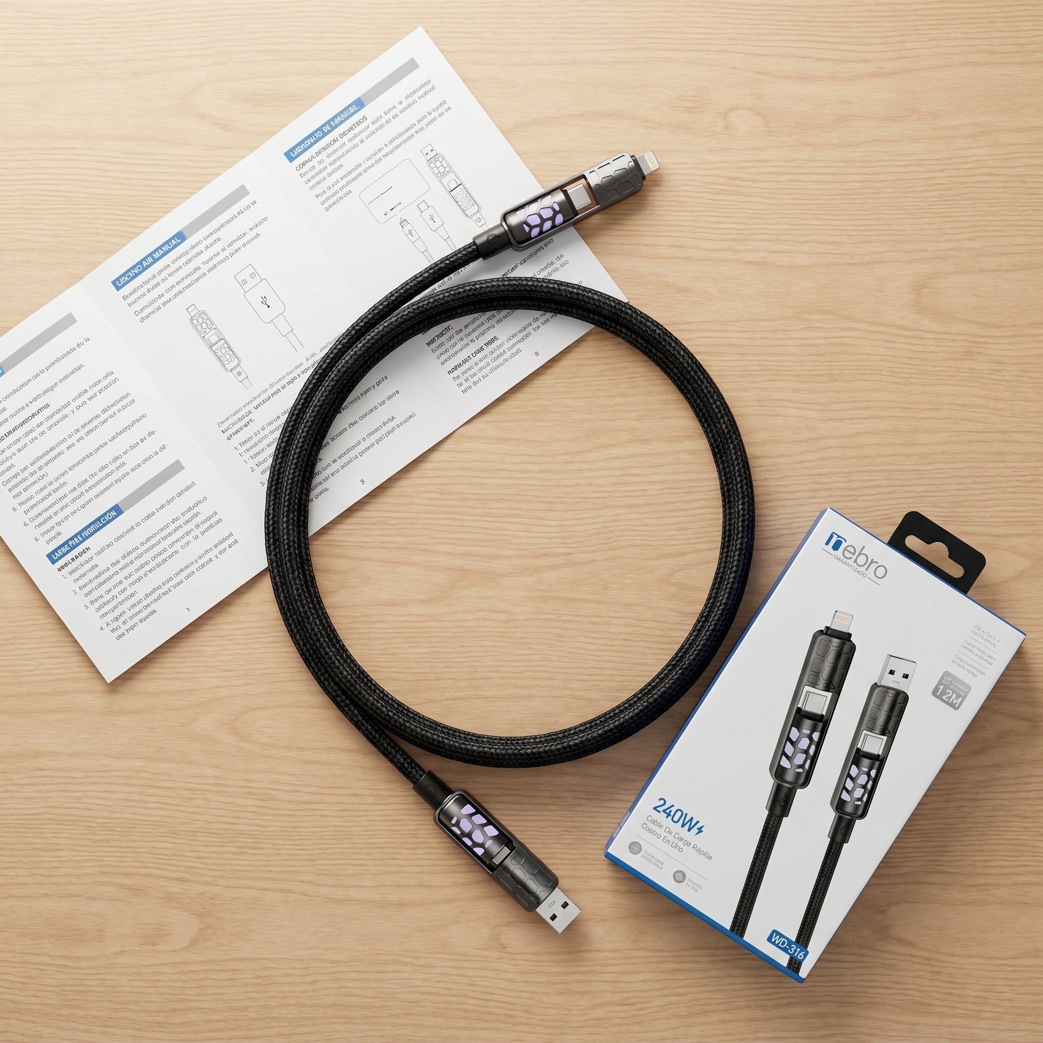Cable 4 en 1 NEBRO WD316 240W 1.2 Metros Aleación Zinc