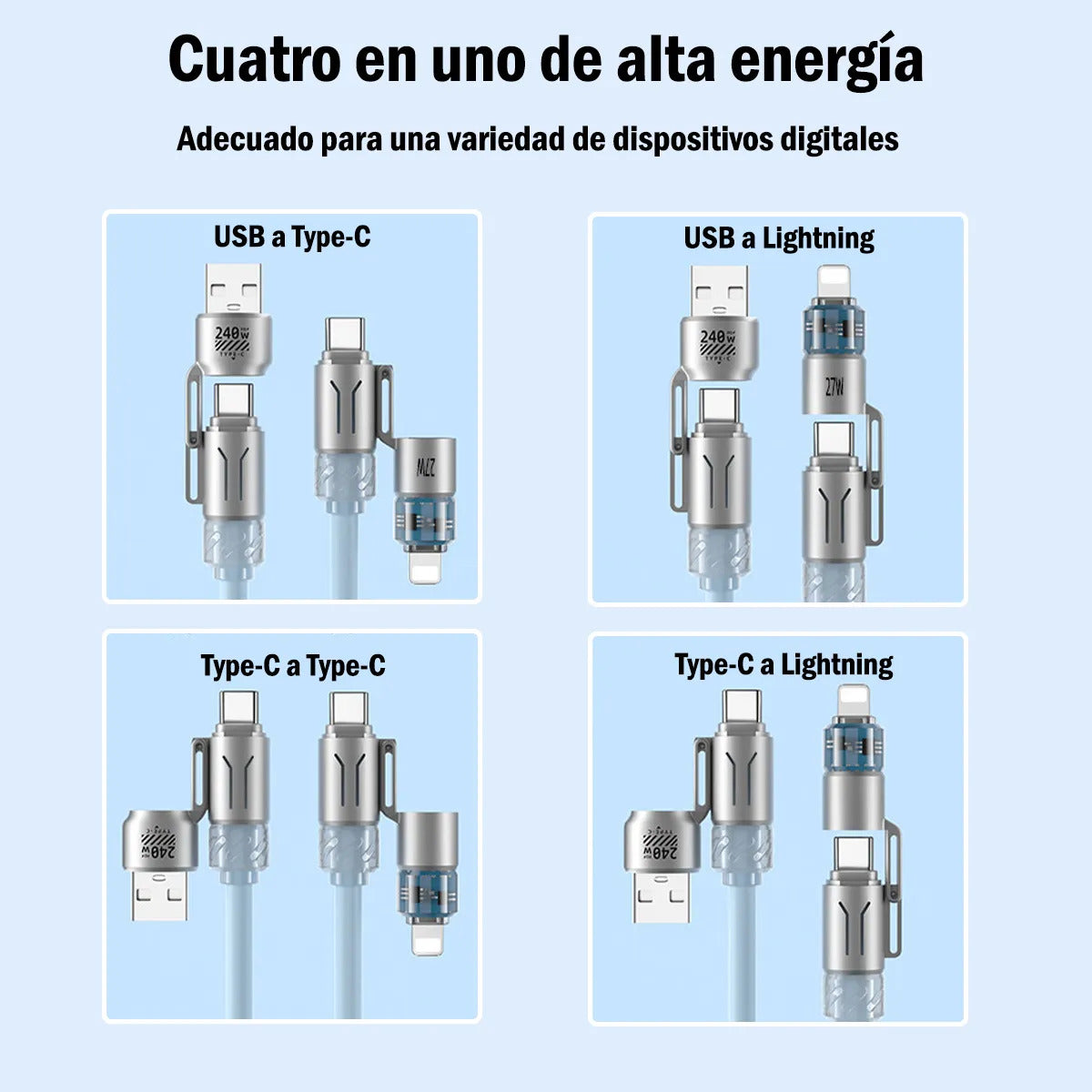 Cable 4 en 1 NEBRO WD317 27W Carga Rápida PD USB-C Lightning Micro USB
