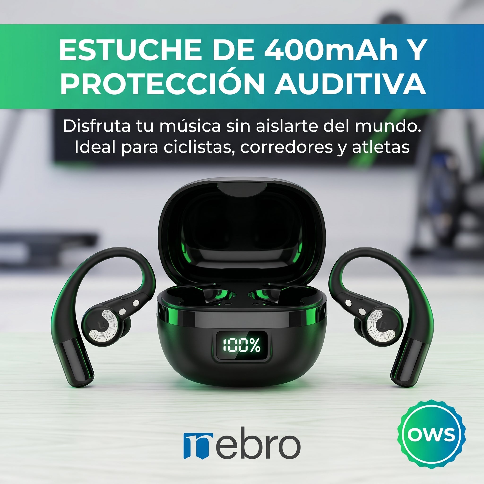 Audífonos Bluetooth OWS NEBRO WE506 Clip Oreja Sonido Direccional Estuche 400mAh