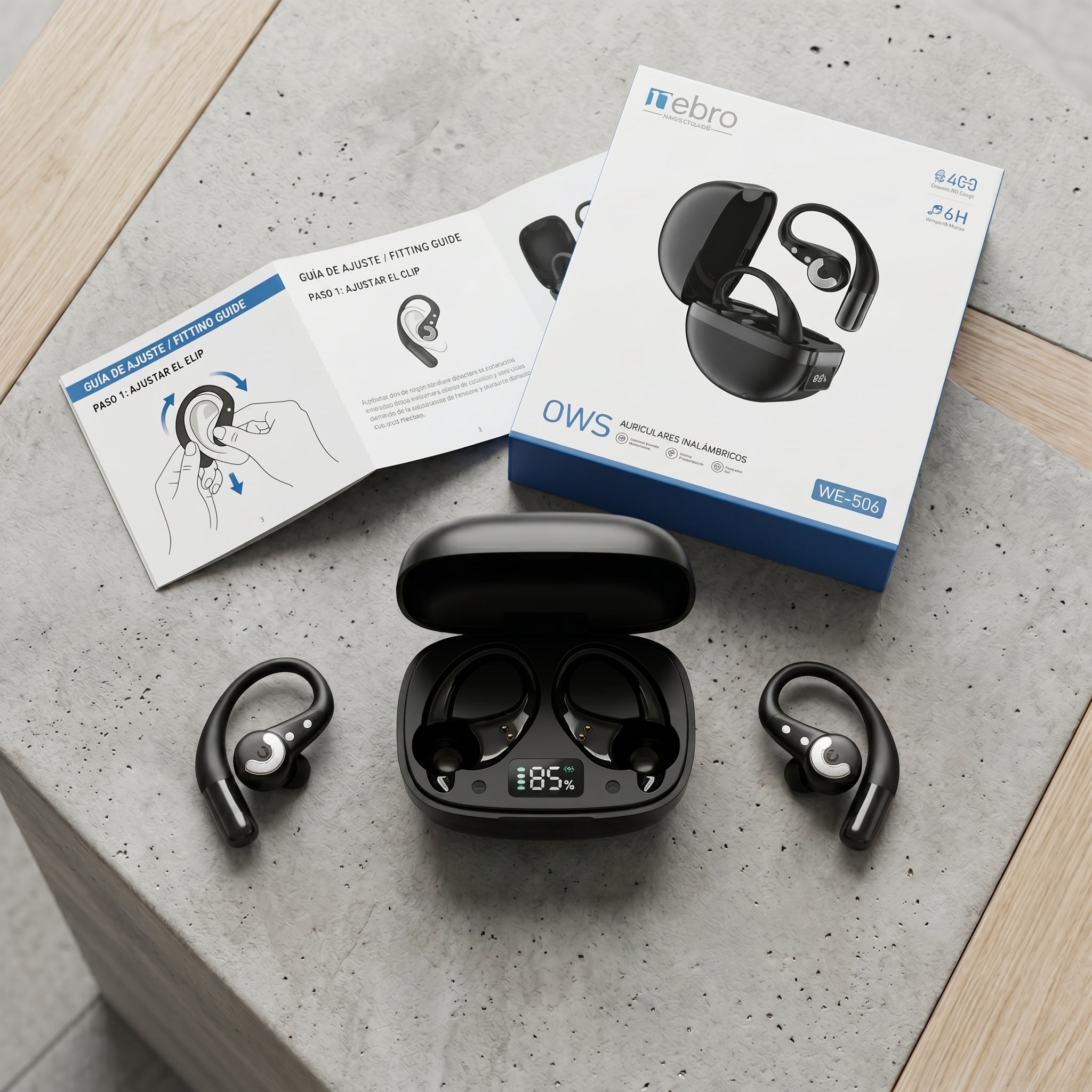 Audífonos Bluetooth OWS NEBRO WE506 Clip Oreja Sonido Direccional Estuche 400mAh