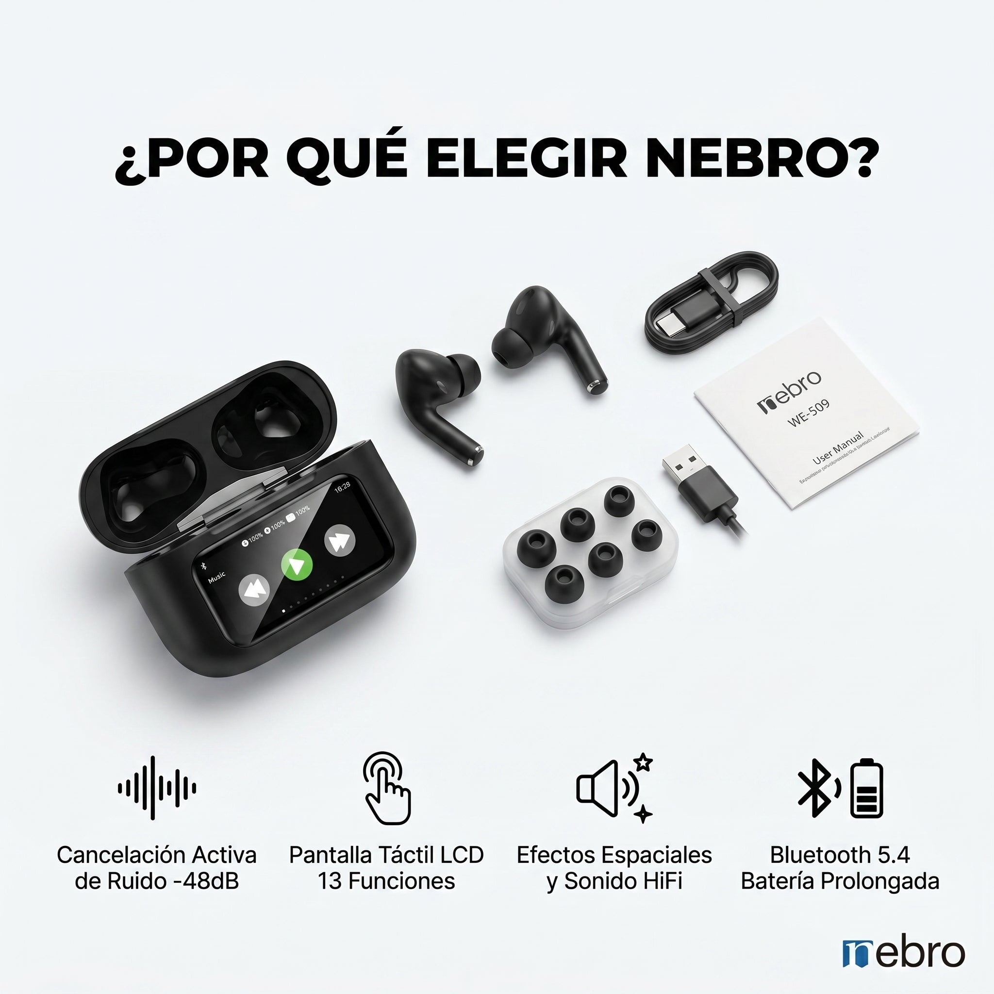 Audífonos Inalámbricos Nebro WE-509 Bluetooth 5.4 Cancelación Activa de Ruido Sonido HiFi Efectos Espaciales Pantalla Táctil LCD