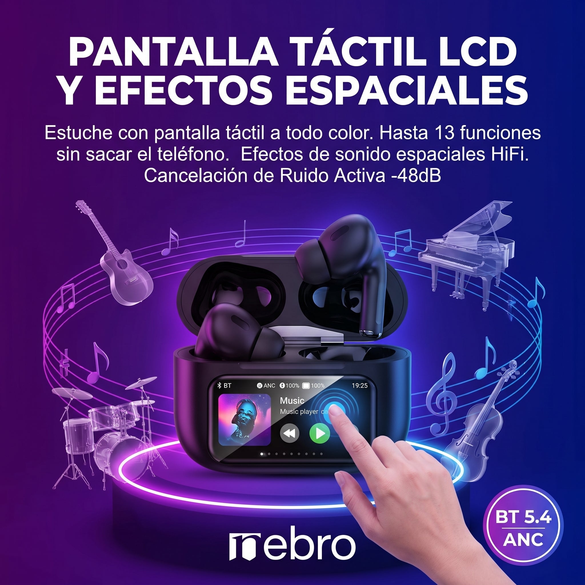 Audífonos Inalámbricos Nebro WE-509 Bluetooth 5.4 Cancelación Activa de Ruido Sonido HiFi Efectos Espaciales Pantalla Táctil LCD