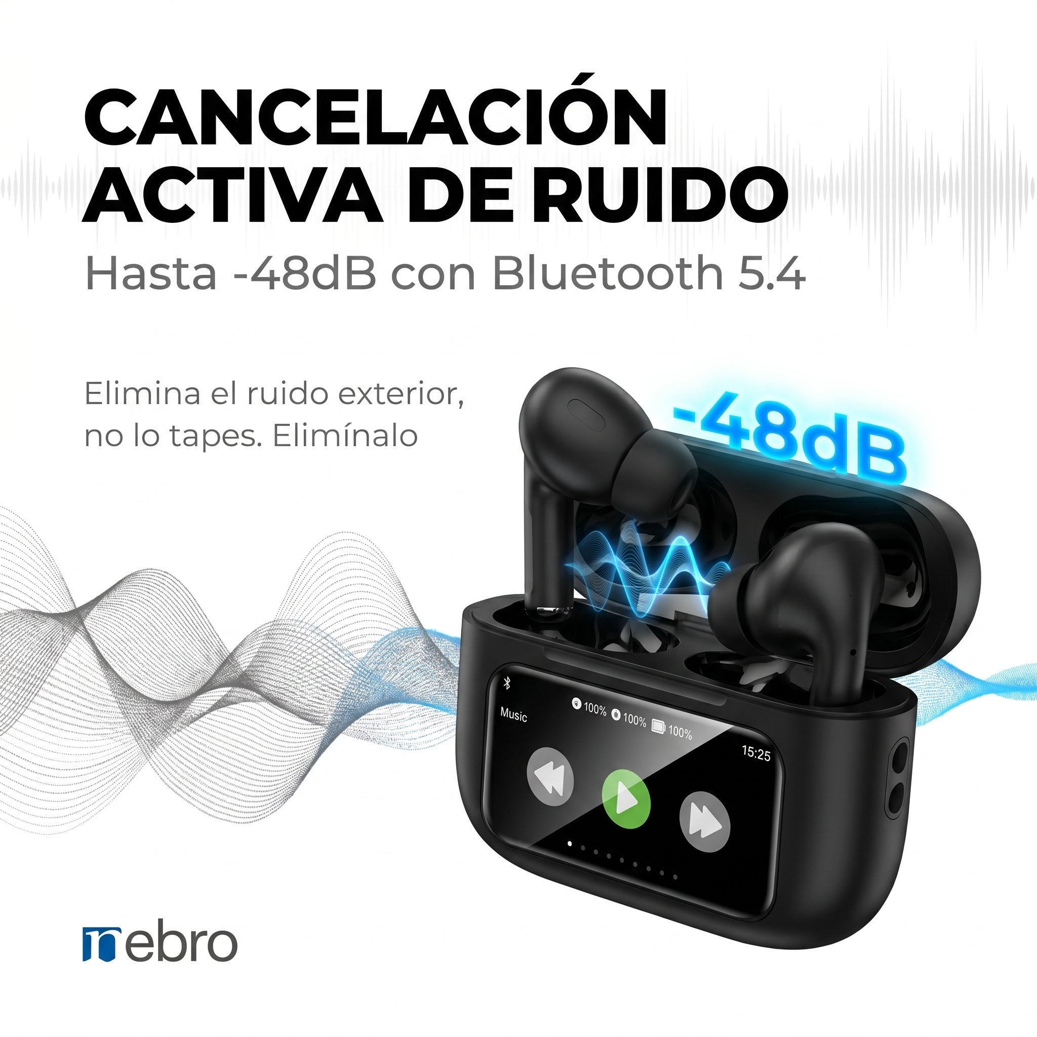 Audífonos Inalámbricos Nebro WE-509 Bluetooth 5.4 Cancelación Activa de Ruido Sonido HiFi Efectos Espaciales Pantalla Táctil LCD