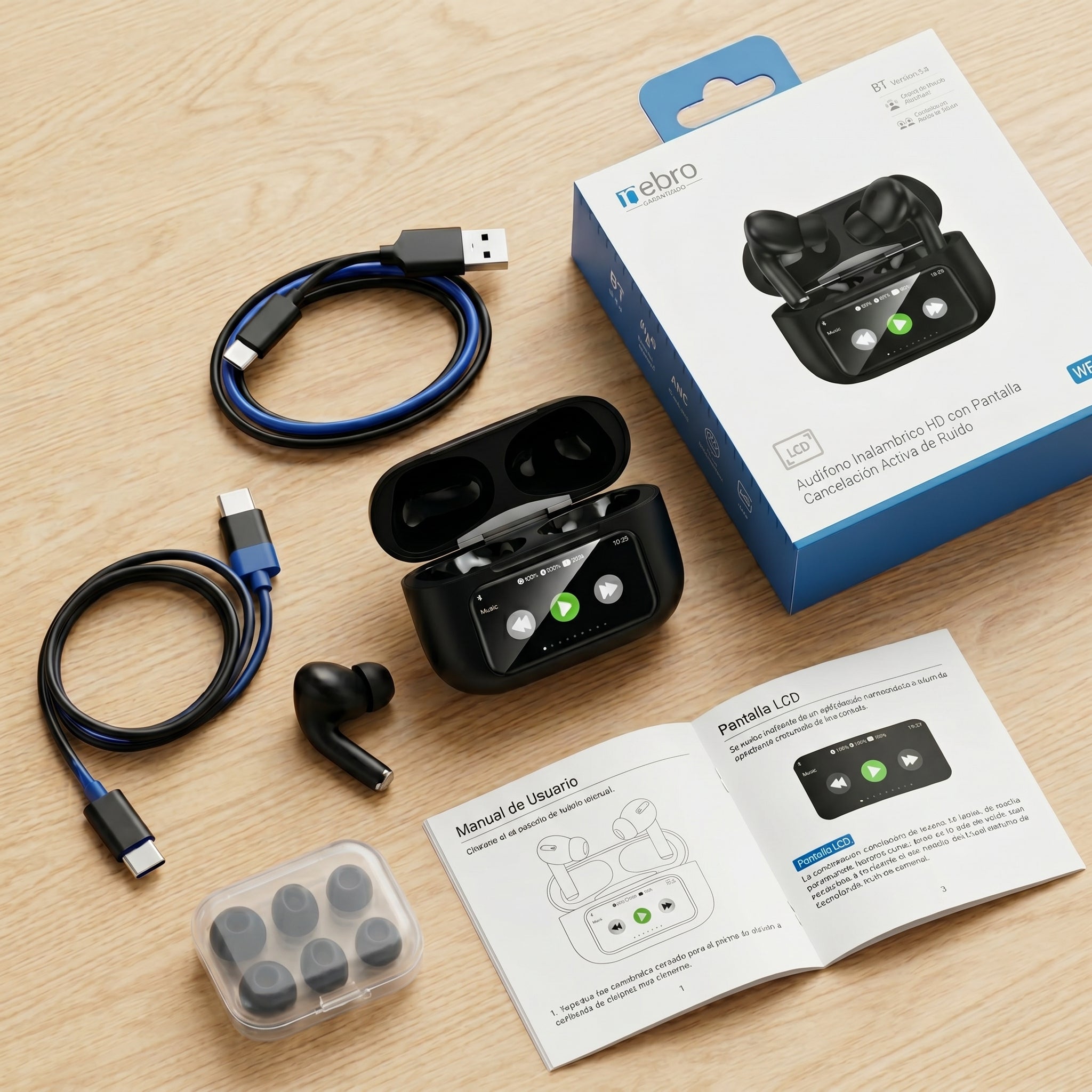 Audífonos Inalámbricos Nebro WE-509 Bluetooth 5.4 Cancelación Activa de Ruido Sonido HiFi Efectos Espaciales Pantalla Táctil LCD