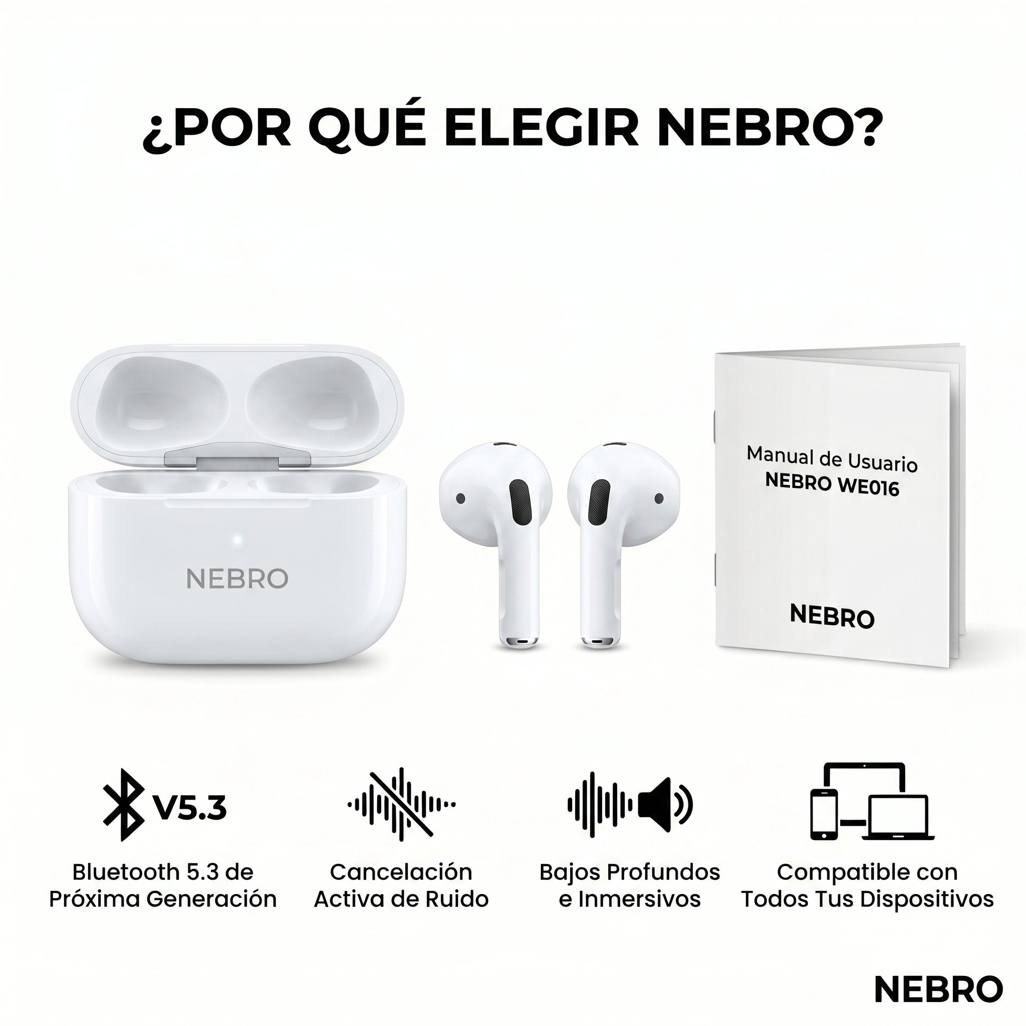 Audífonos Inalámbricos NEBRO WE016 Bluetooth 5.3 Cancelación de Ruido Graves Profundos