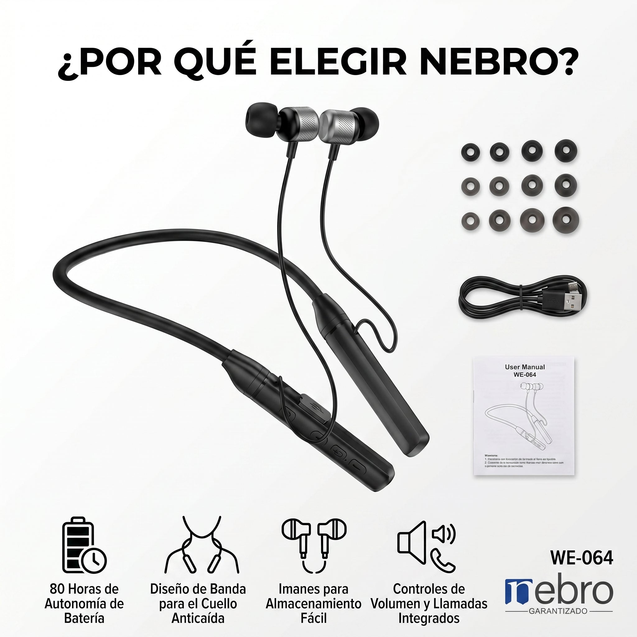 Audífonos Collar NEBRO WE064 Bluetooth 53 80 Horas Batería 800mAh
