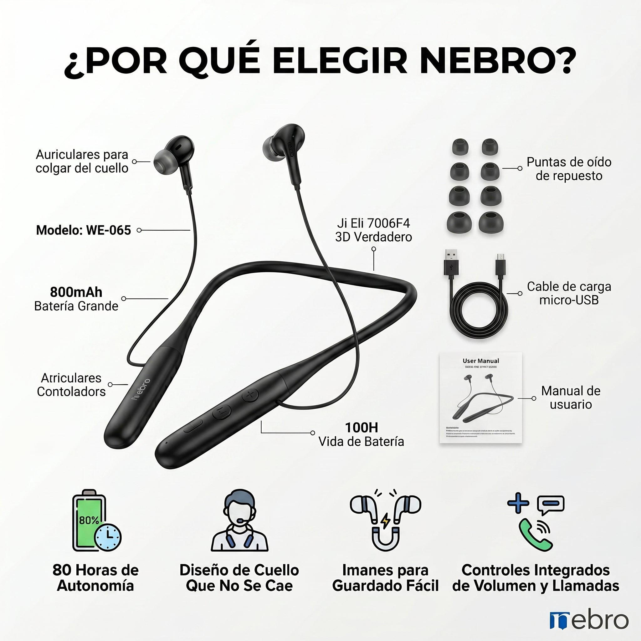 Audífonos Collar NEBRO WE065 Bluetooth 53 80 Horas Batería 800mAh
