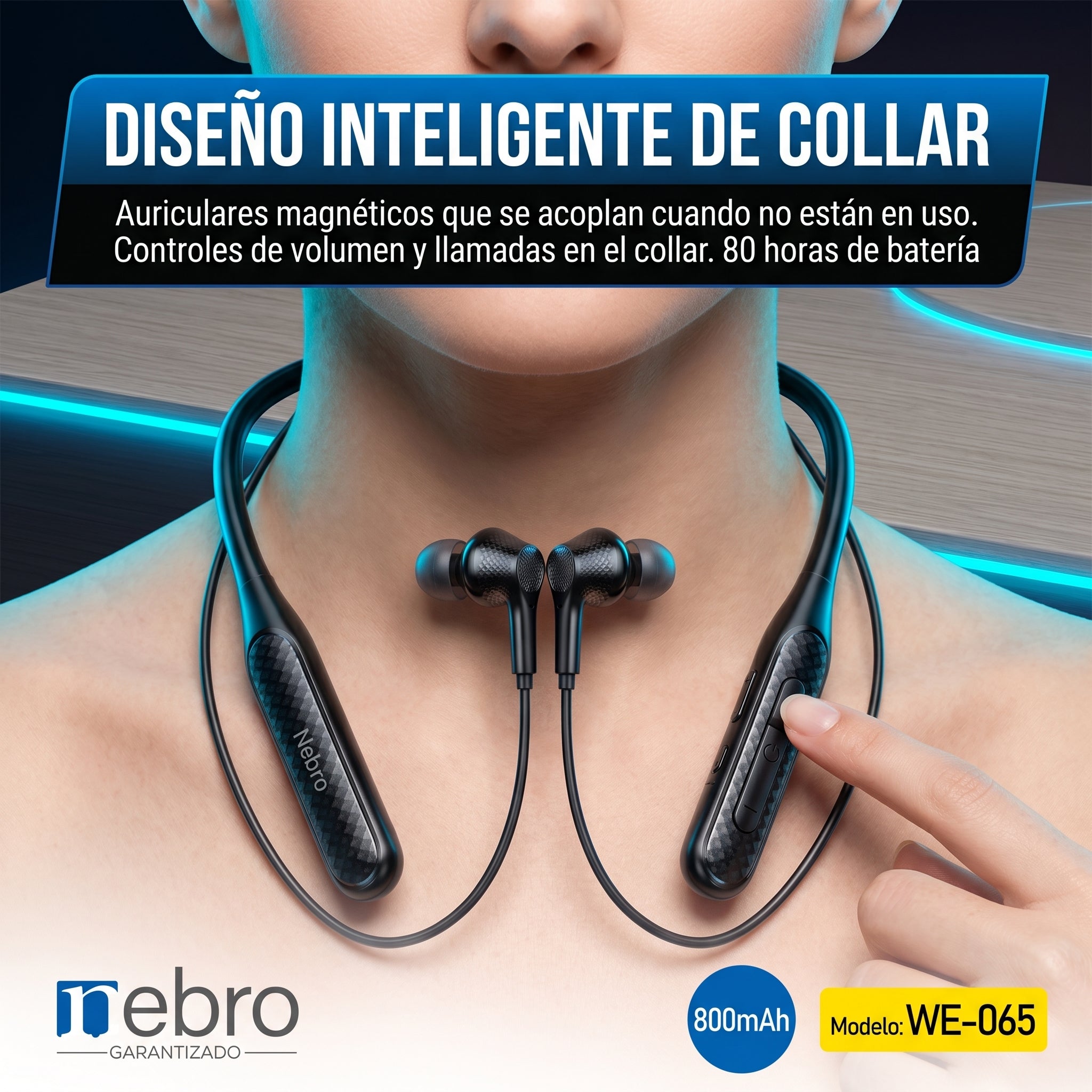 Audífonos Collar NEBRO WE065 Bluetooth 53 80 Horas Batería 800mAh