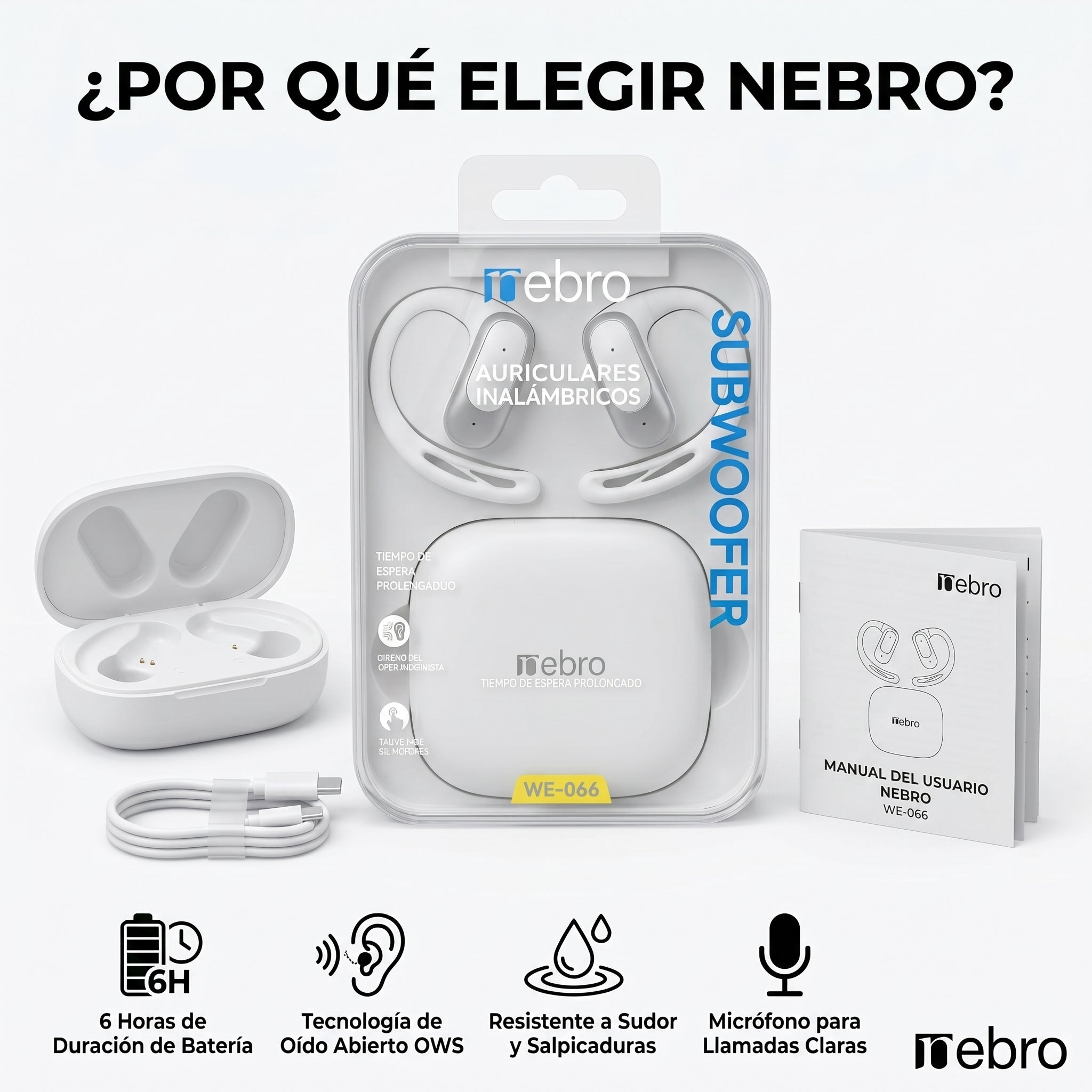 Audífonos Bluetooth OWS NEBRO WE066 6 Horas Batería Estuche 300mAh