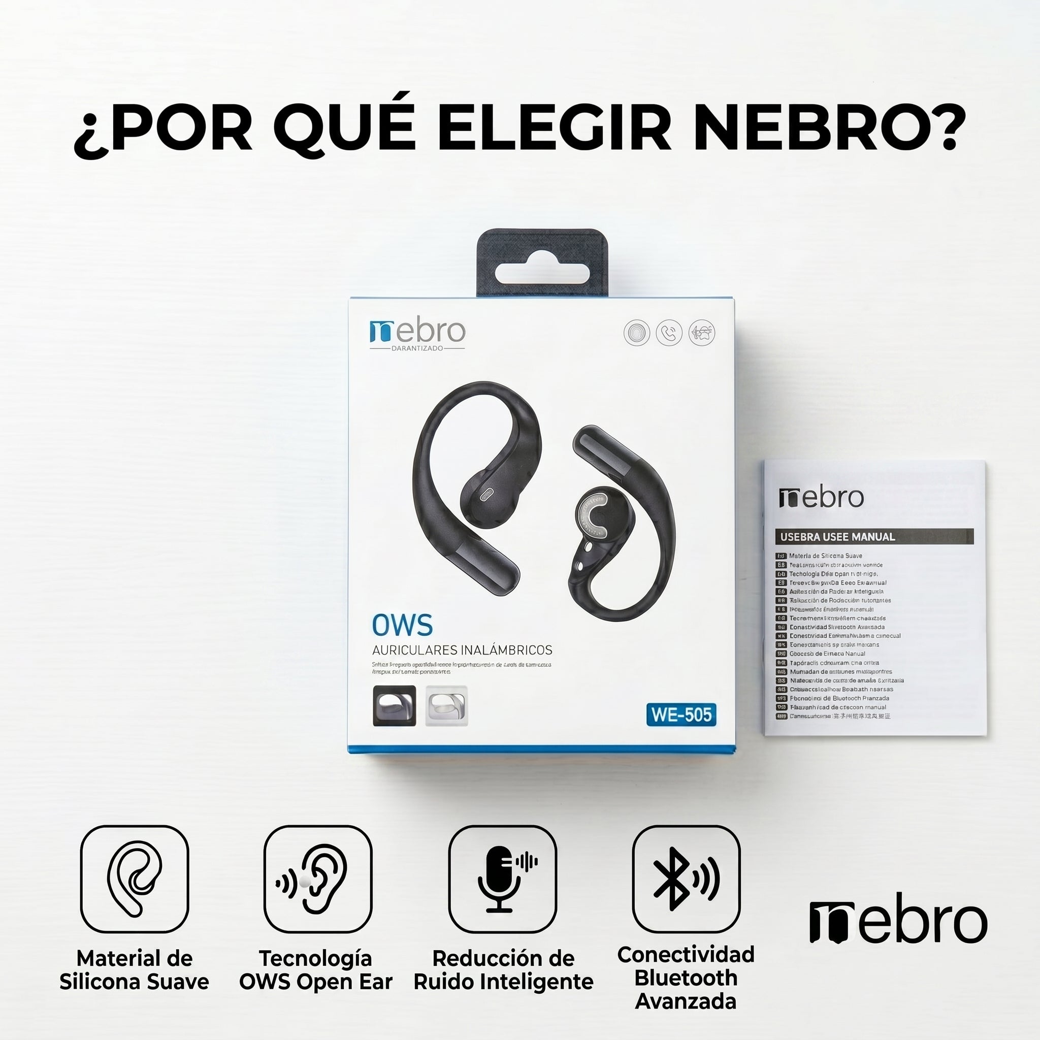 Audífonos Bluetooth OWS NEBRO WE505 Silicona Reducción Ruido Bluetooth 54