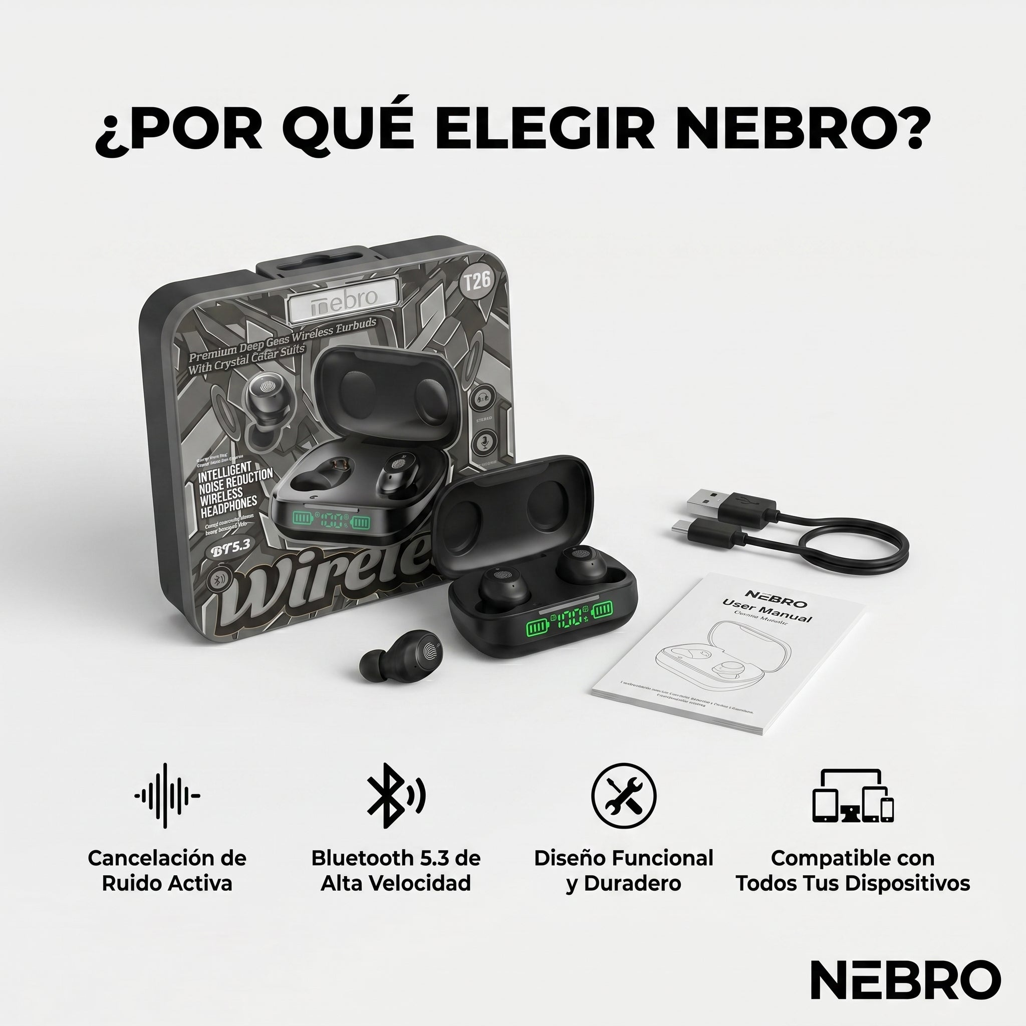 Audífonos Bluetooth NEBRO WET26 Bluetooth 53 Cancelación Ruido