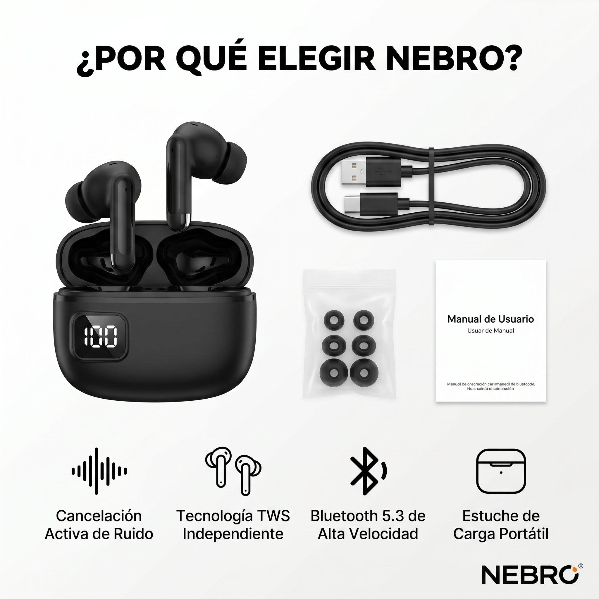 Audífonos Bluetooth TWS NEBRO WET25S Bluetooth 53 Cancelación Ruido