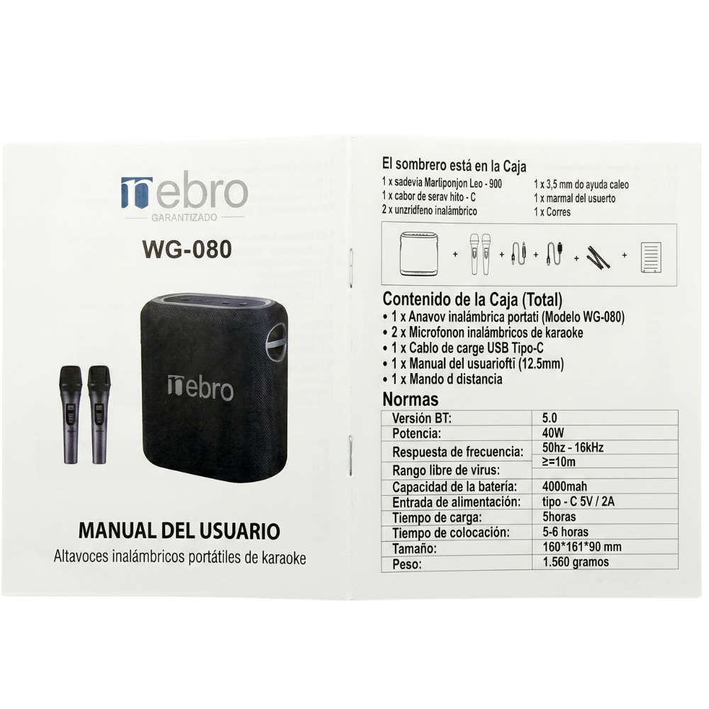 Bocina Bluetooth TWS NEBRO WG080 Bluetooth 50 40W Carga Rápida
