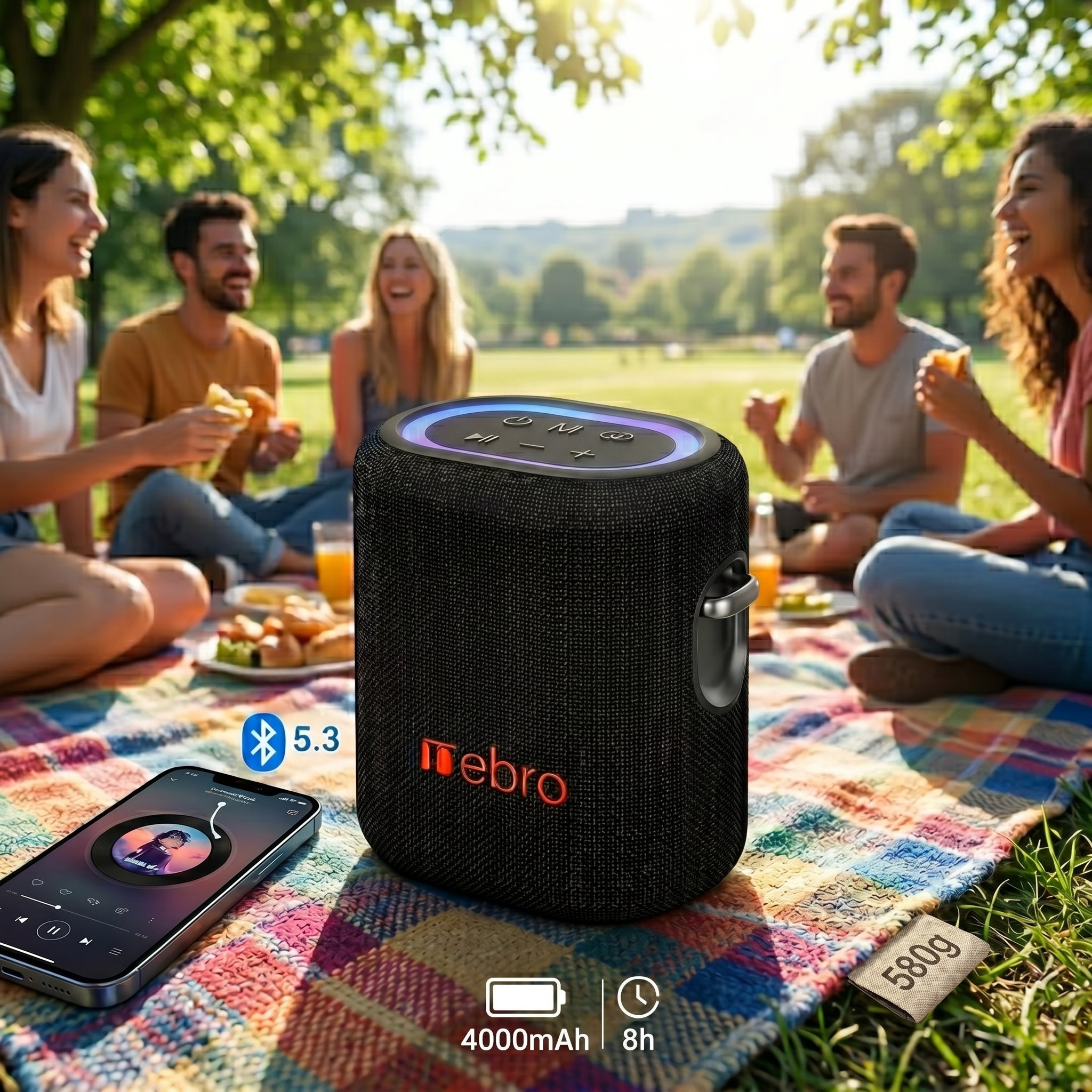 Bocina Inalámbrica Nebro WG-137 Bluetooth 5.3 20W de Potencia Sonido Envolvente 66mm Batería 4000mAh 8 Horas de Reproducción Luz RGB TWS TF y Auxiliar