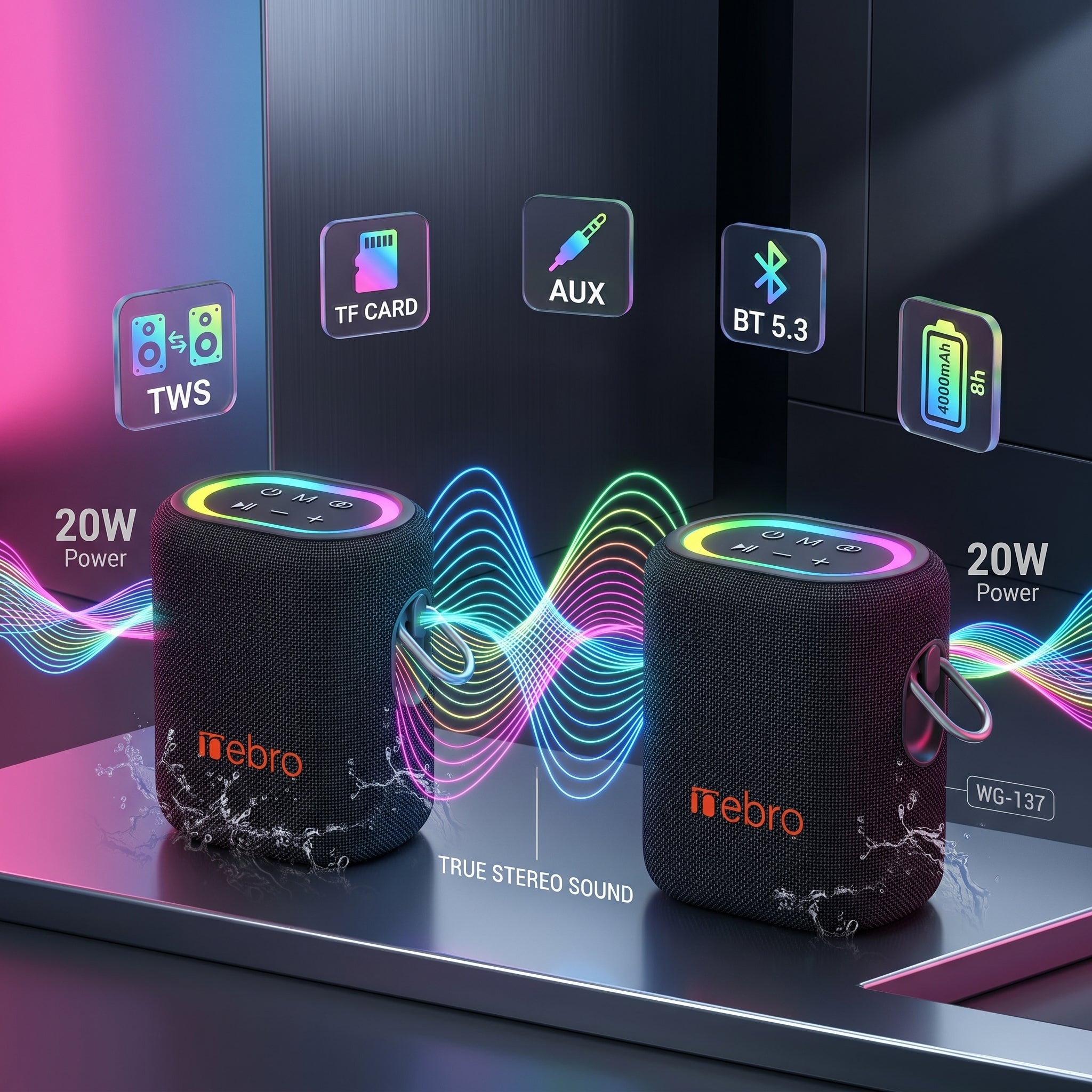 Bocina Inalámbrica Nebro WG-137 Bluetooth 5.3 20W de Potencia Sonido Envolvente 66mm Batería 4000mAh 8 Horas de Reproducción Luz RGB TWS TF y Auxiliar