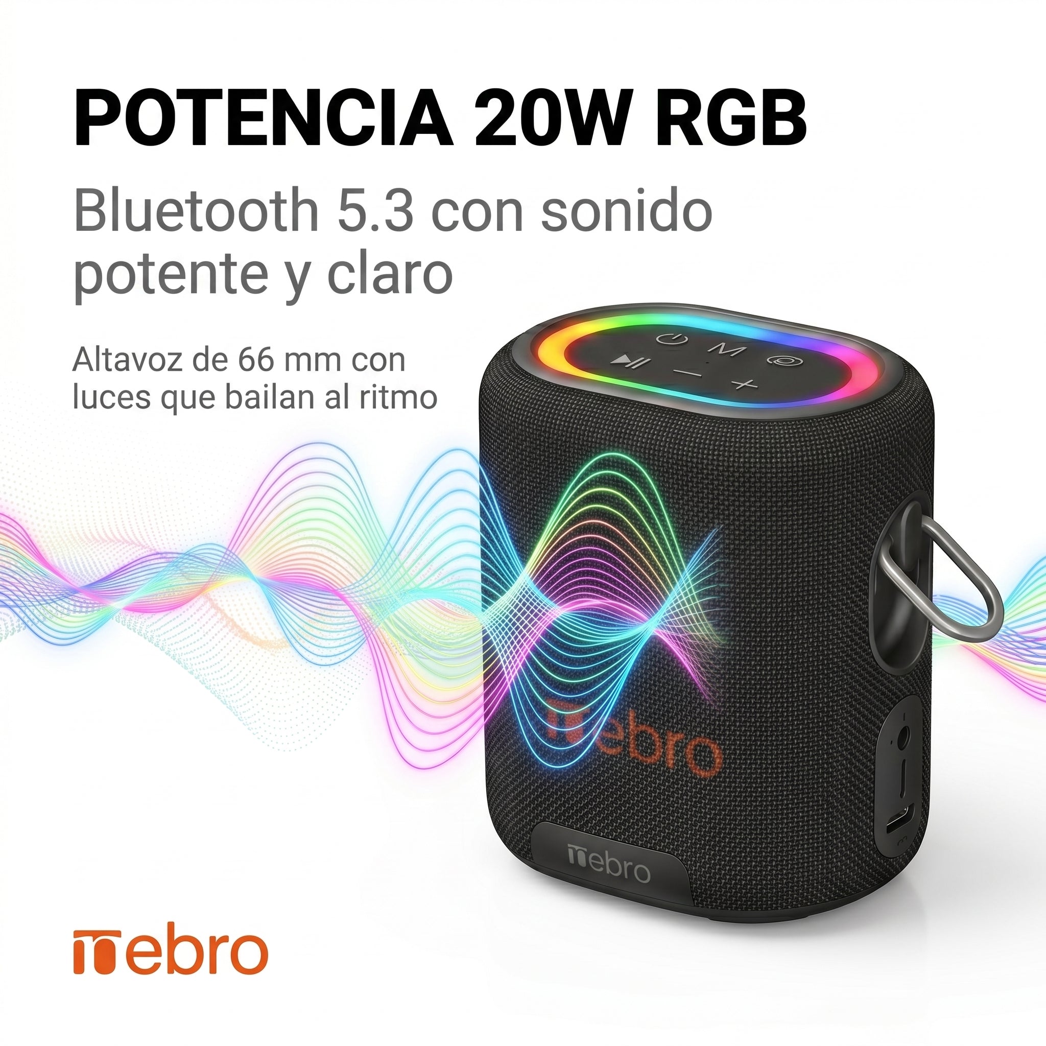 Bocina Inalámbrica Nebro WG-137 Bluetooth 5.3 20W de Potencia Sonido Envolvente 66mm Batería 4000mAh 8 Horas de Reproducción Luz RGB TWS TF y Auxiliar