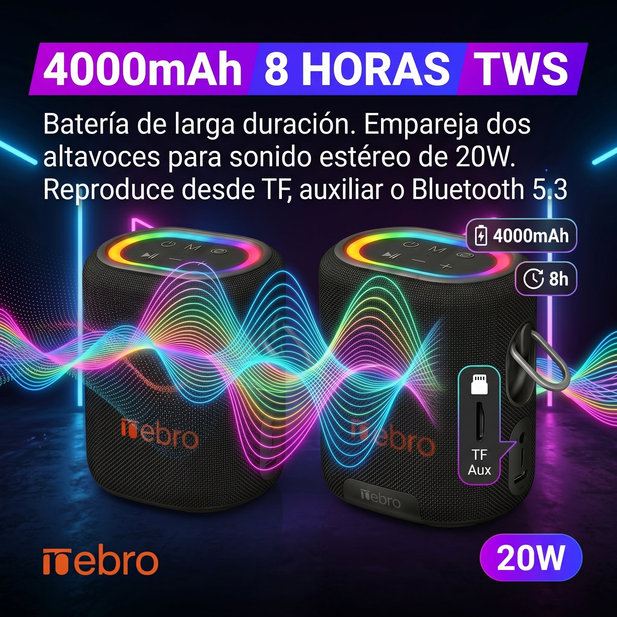 Bocina Inalámbrica Nebro WG-137 Bluetooth 5.3 20W de Potencia Sonido Envolvente 66mm Batería 4000mAh 8 Horas de Reproducción Luz RGB TWS TF y Auxiliar