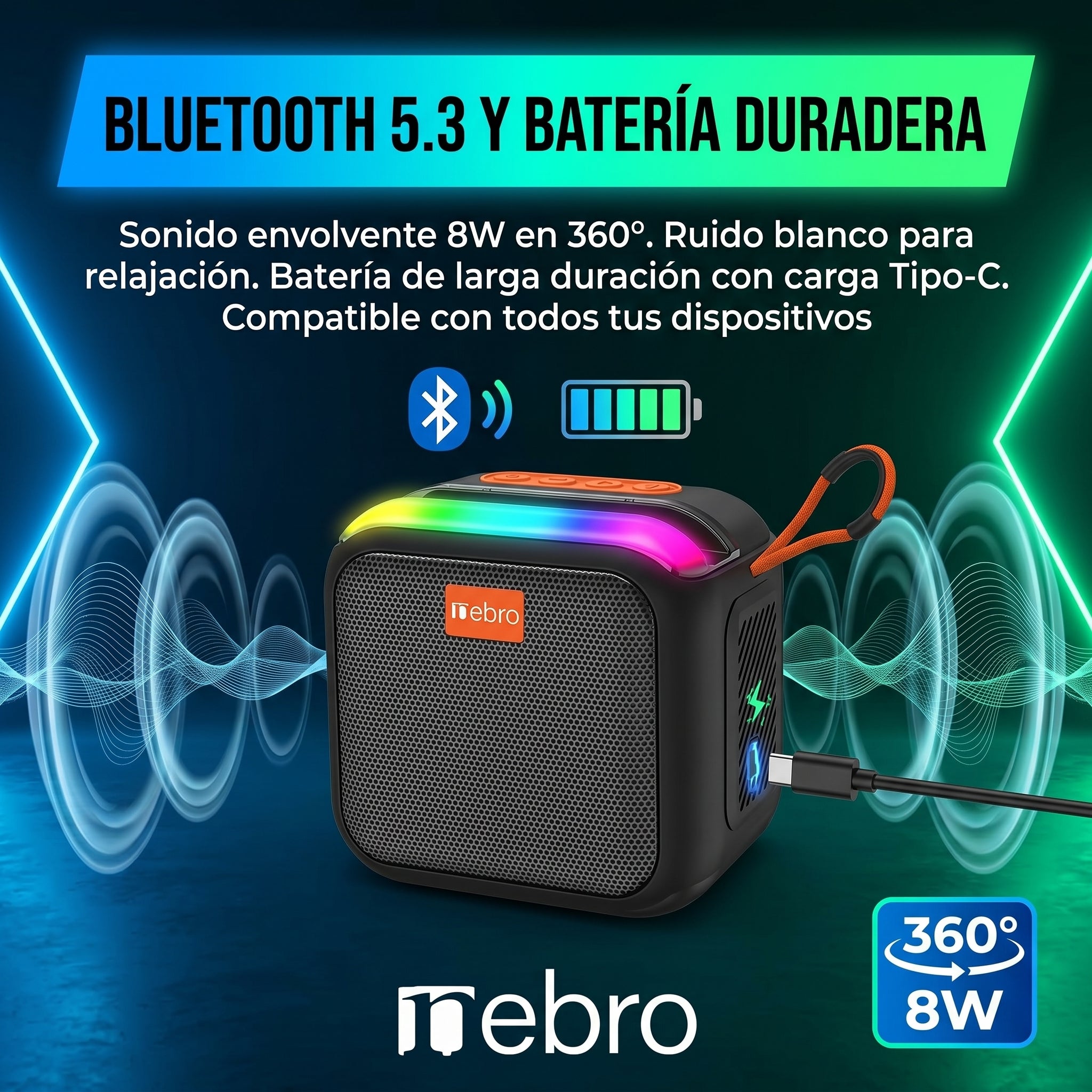 Bocina Inalámbrica Nebro WG-185 Bluetooth 5.3 Sonido Envolvente 360° 8W
