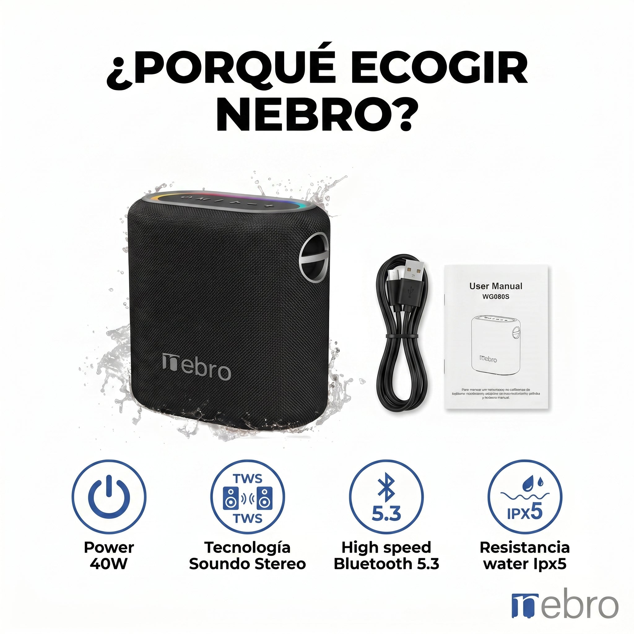 Bocina Bluetooth TWS NEBRO WG080S Bluetooth 53 40W IPX5