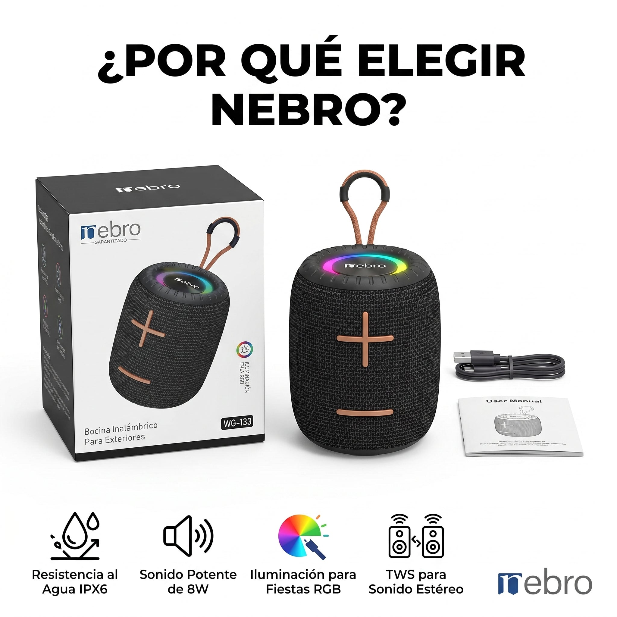 Bocina Bluetooth RGB Exterior NEBRO WG133 8W IPX6 TWS Resistente Agua