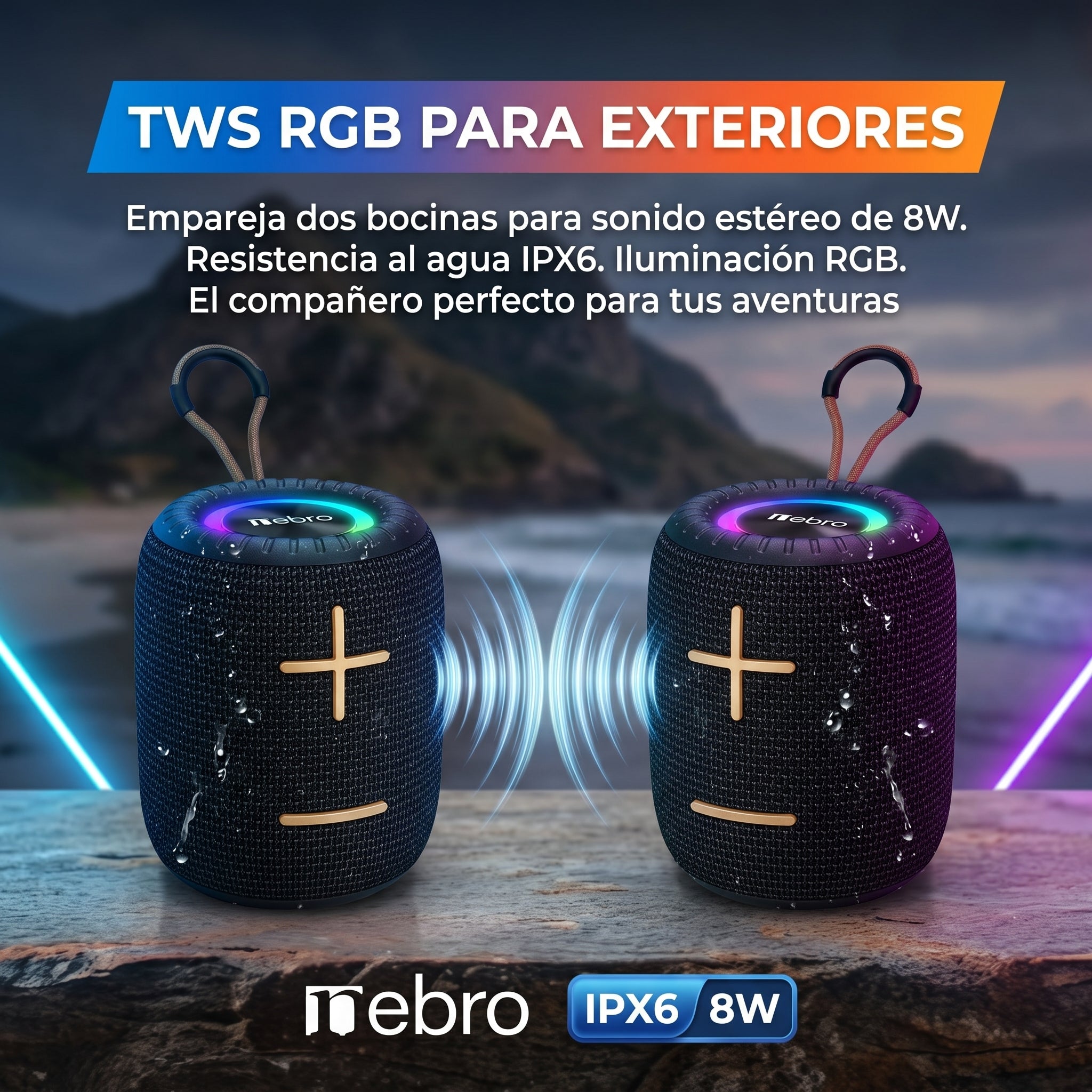 Bocina Bluetooth RGB Exterior NEBRO WG133 8W IPX6 TWS Resistente Agua