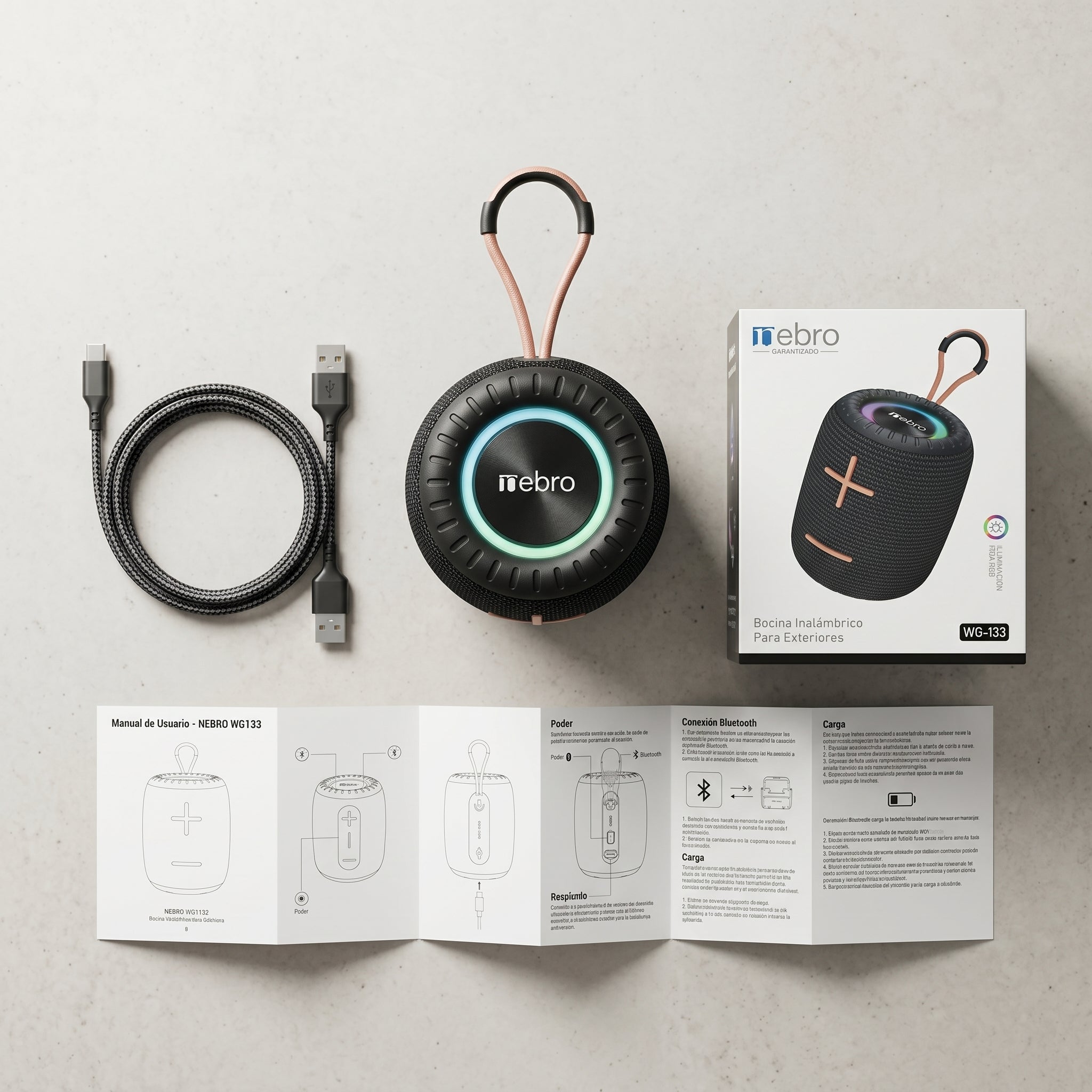 Bocina Bluetooth RGB Exterior NEBRO WG133 8W IPX6 TWS Resistente Agua