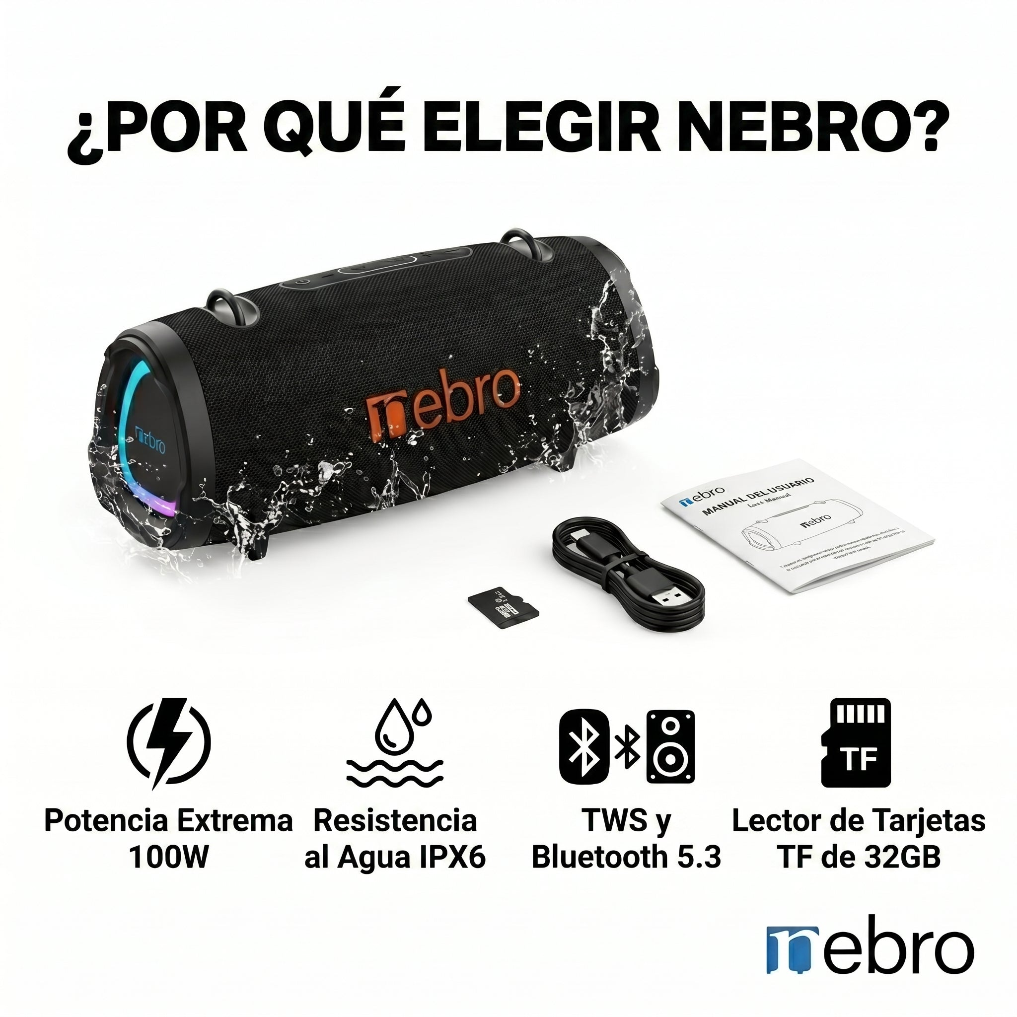 Bocina Bluetooth TWS NEBRO WG143 Bluetooth 53 100W IPX6