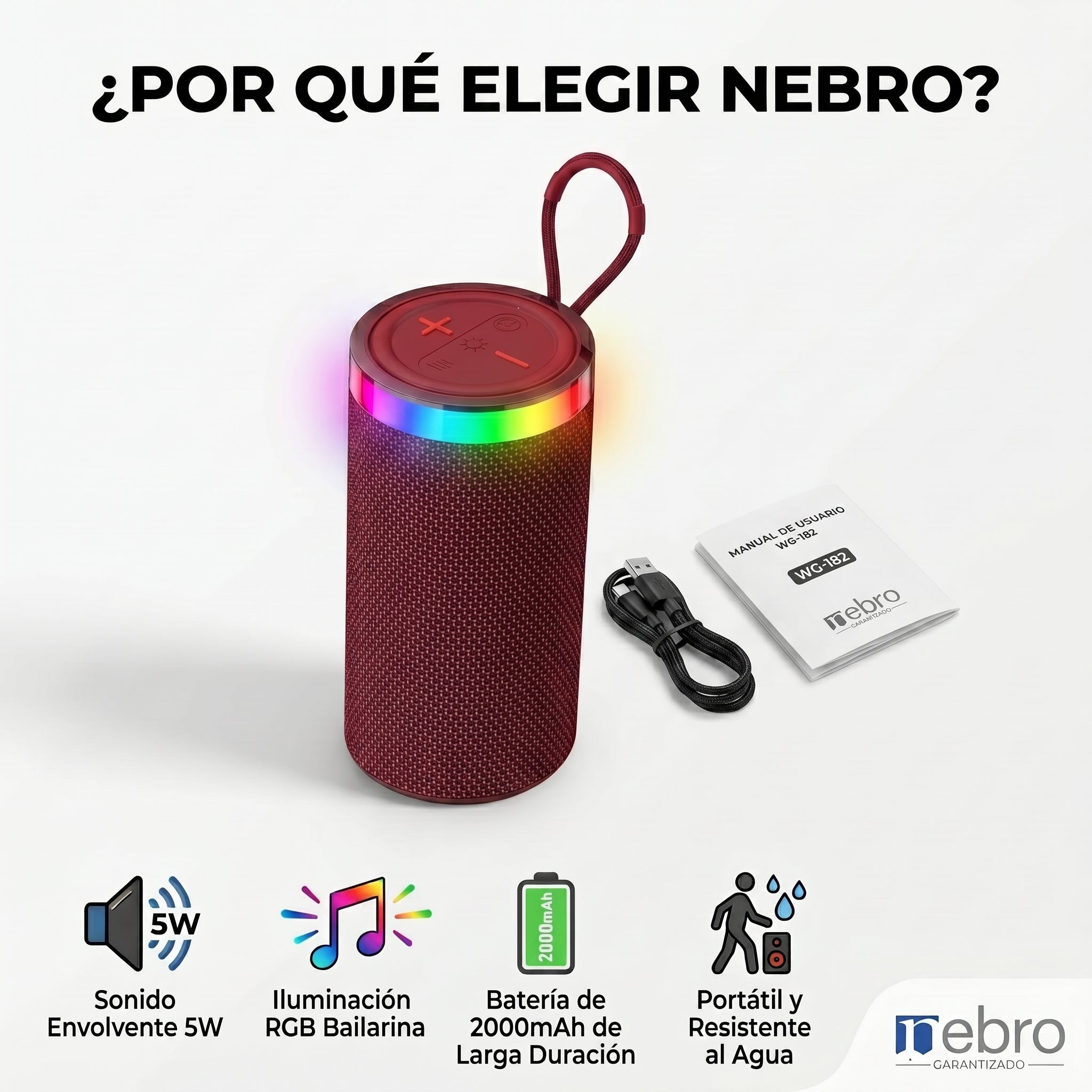 Bocina Bluetooth RGB NEBRO WG182 5W Sonido Envolvente 2000mAh