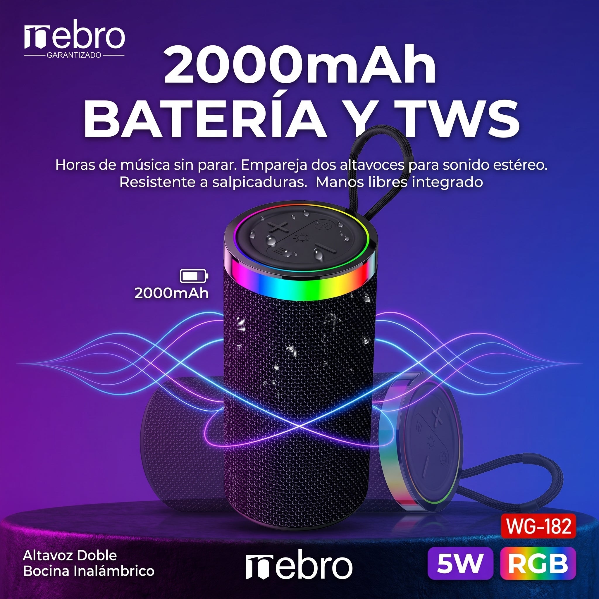 Bocina Bluetooth RGB NEBRO WG182 5W Sonido Envolvente 2000mAh